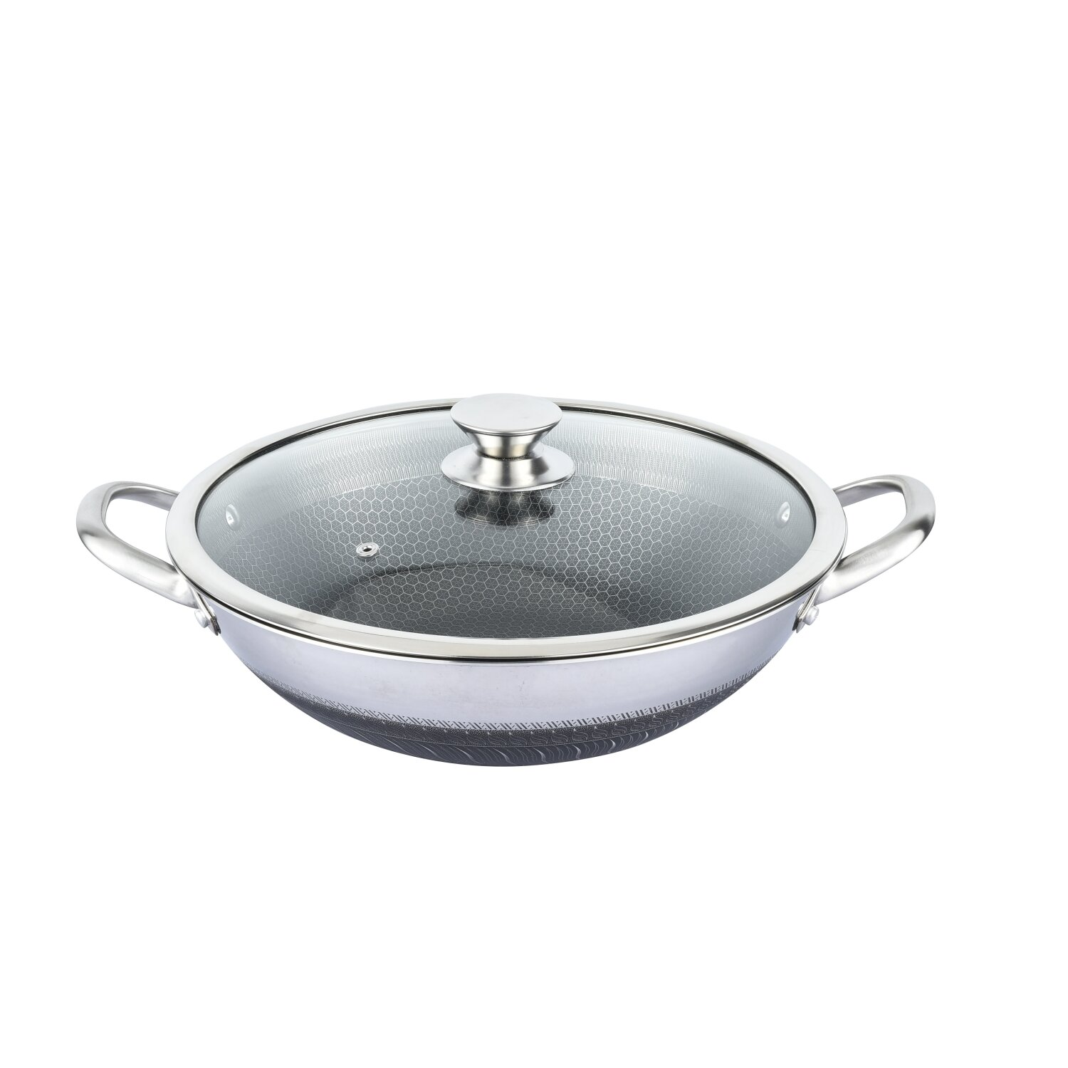 Wok aus Edelstahl mit Glasdeckel. Der Deckel hat einen Griff, weißer Hintergrund.