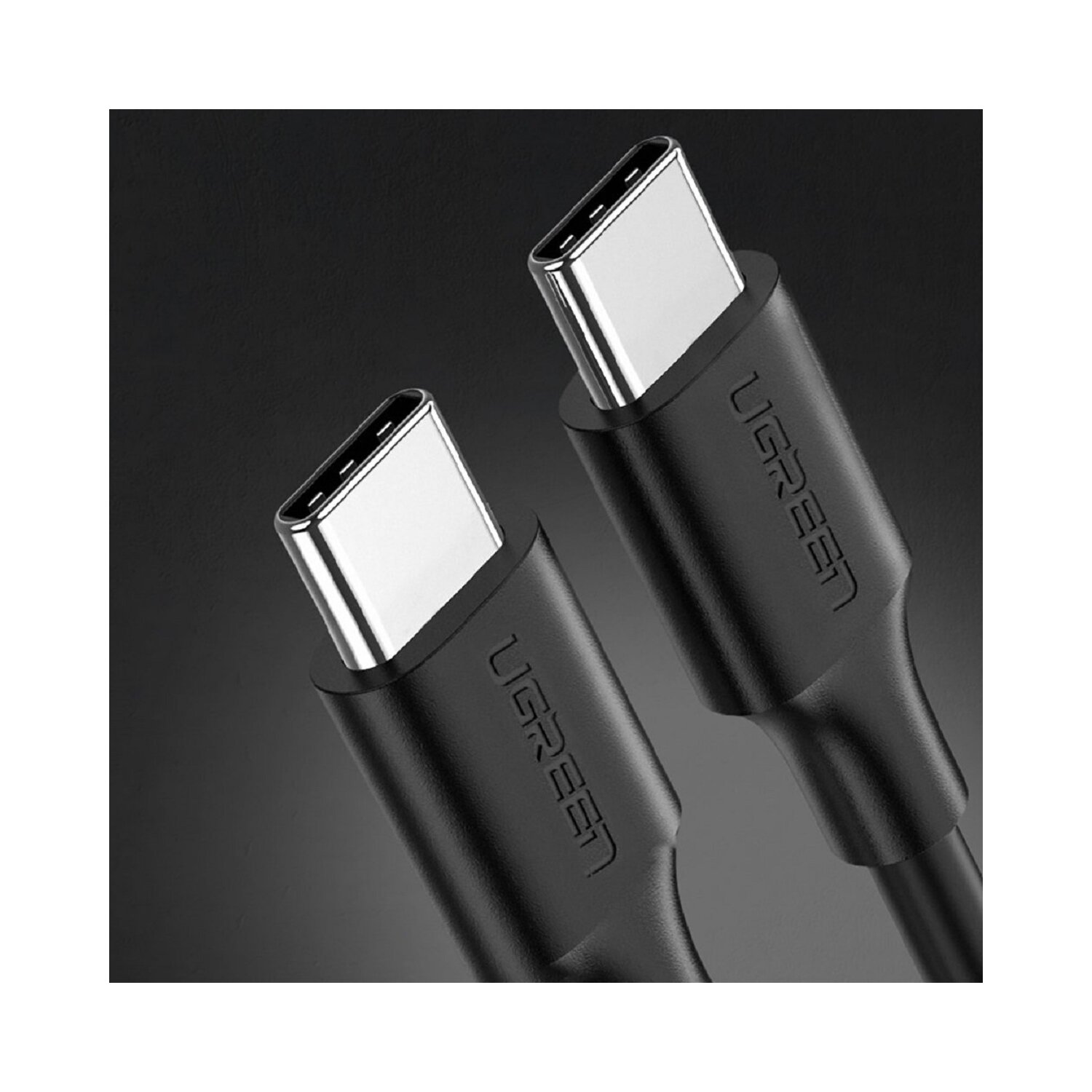 Zwei schwarze UGREEN USB-C-Kabel, zum Betrachter geneigt, vor einem Gradientenhintergrund.