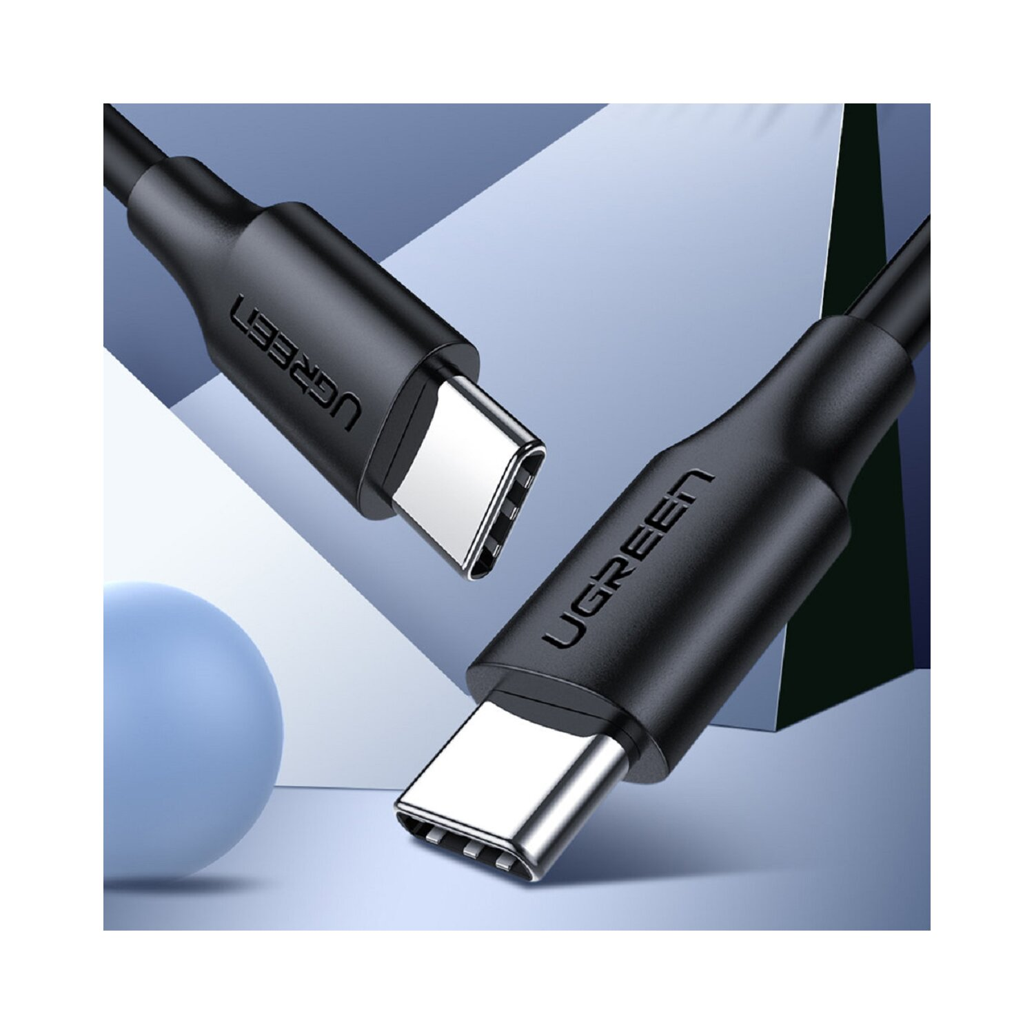 Schwarze USB-C-Kabel mit UGREEN-Logo, auf blauem Farbverlauf.