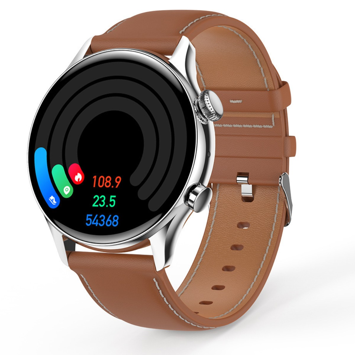 SYNTEK Smart Watch 1.36 NFC Display Braun mm, Smartwatch Glas Wasserdichte Bluetooth Anruf Multi 260 Uhr HD Rundes Leder, Sport Modus