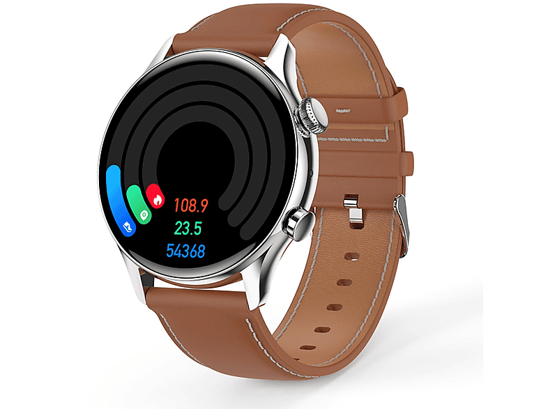 SYNTEK Smart Watch 1.36 HD Rundes Display NFC Bluetooth Anruf Multi Sport Modus Wasserdichte Uhr Smartwatch Glas Leder, 260 mm, Braun
