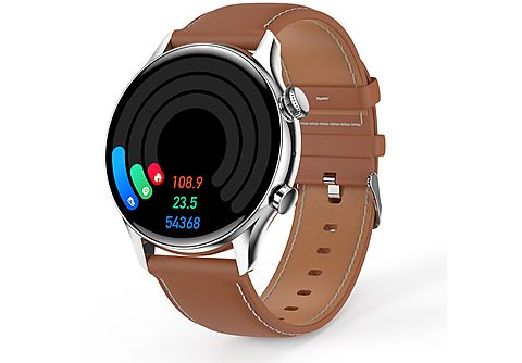 SYNTEK Smart Watch 1.36 HD Rundes Display NFC Bluetooth Anruf Multi Sport  Modus Wasserdichte Uhr Smartwatch Glas Leder, 260 mm, Braun
