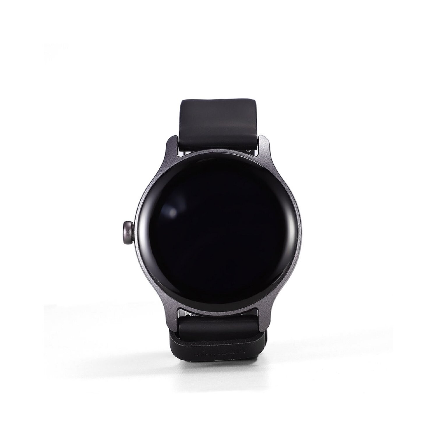 Czarny smartwatch z okrągłą tarczą i czarnym paskiem, na białym tle.