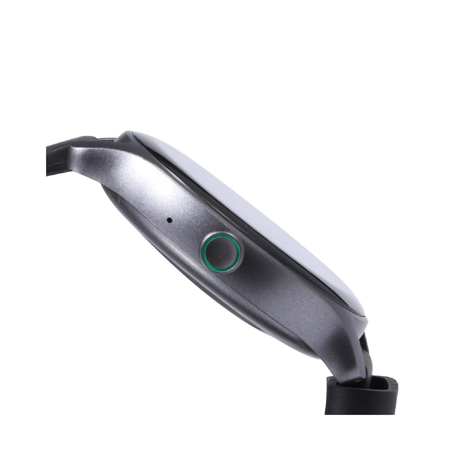 Zbliżenie szarego smartwatcha. Ma czarny pasek i zielony przycisk.