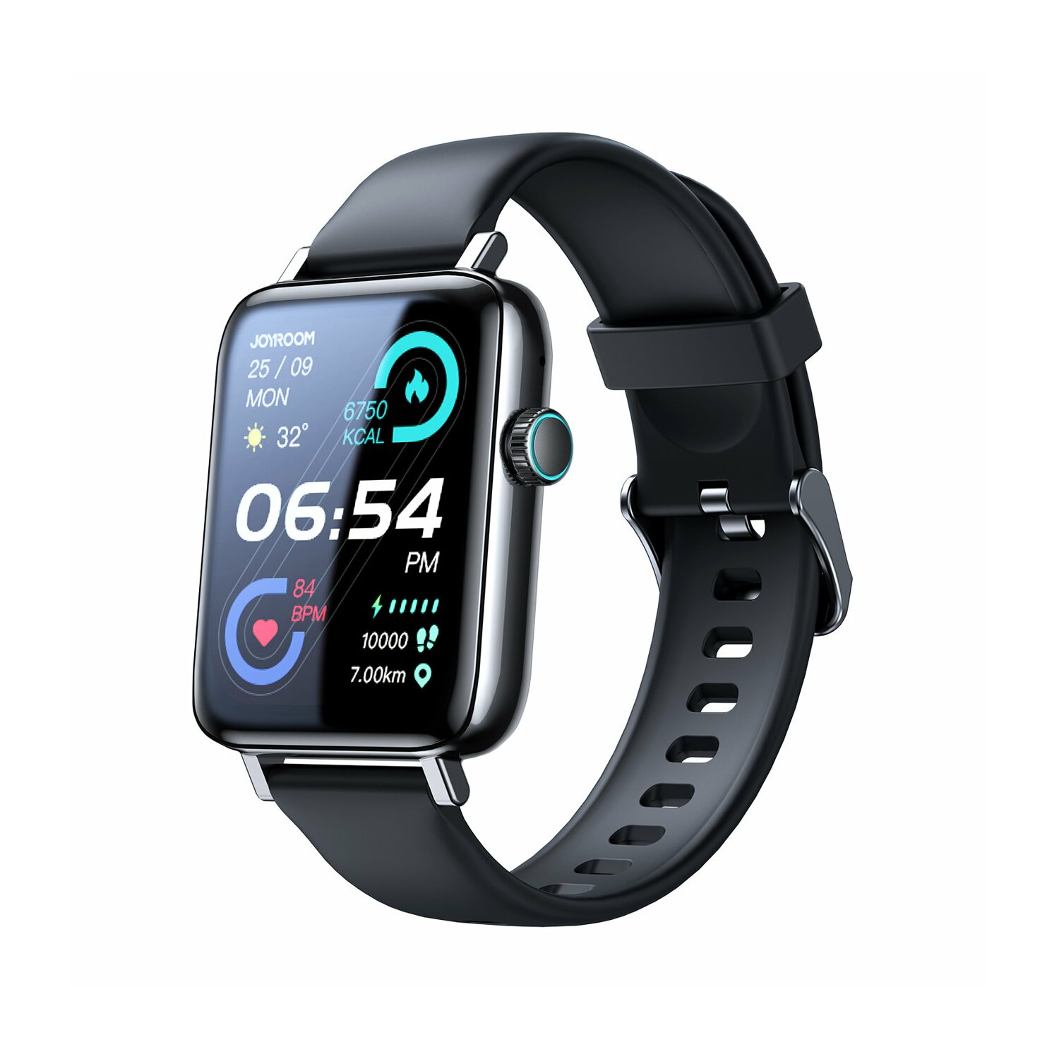 Schwarze Joyroom Smartwatch mit quadratischem Bildschirm, zeigt Zeit, Datum und Gesundheitsdaten.