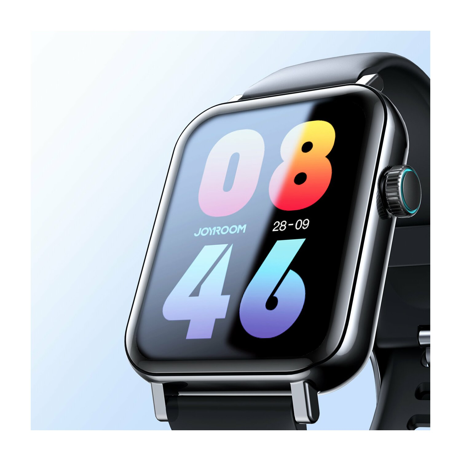 Eine schwarze Joyroom Smartwatch, die Zeit und Datum anzeigt.