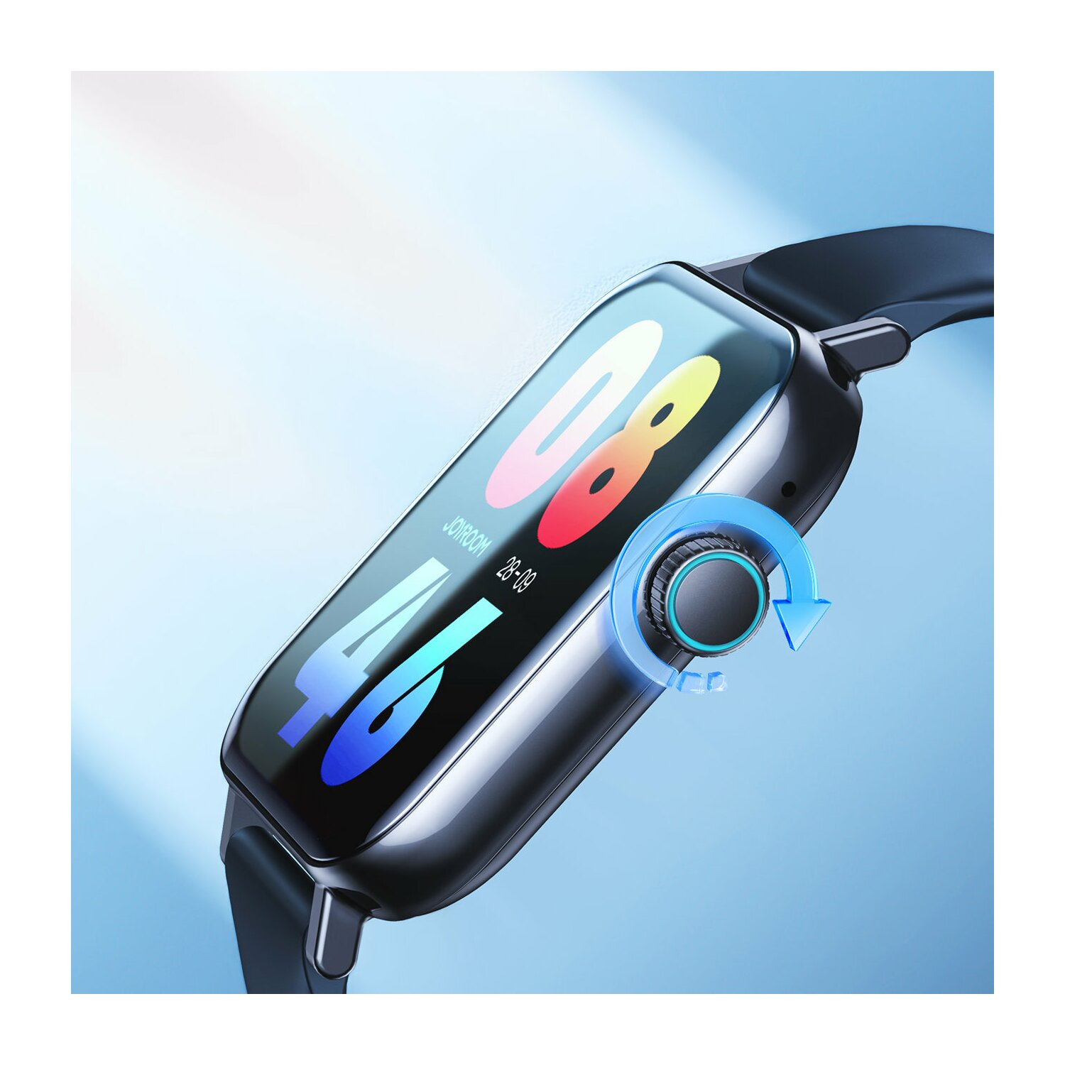 Smartwatch mit schwarzem Armband und einem Bildschirm mit Zahlen. Daneben eine Taste mit blauem Pfeil.