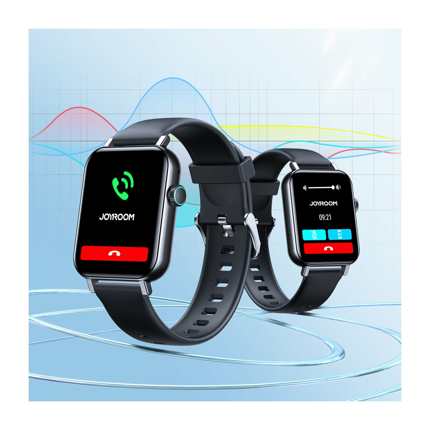 Zwei schwarze Smartwatches mit Anrufschnittstelle auf blauem Hintergrund.