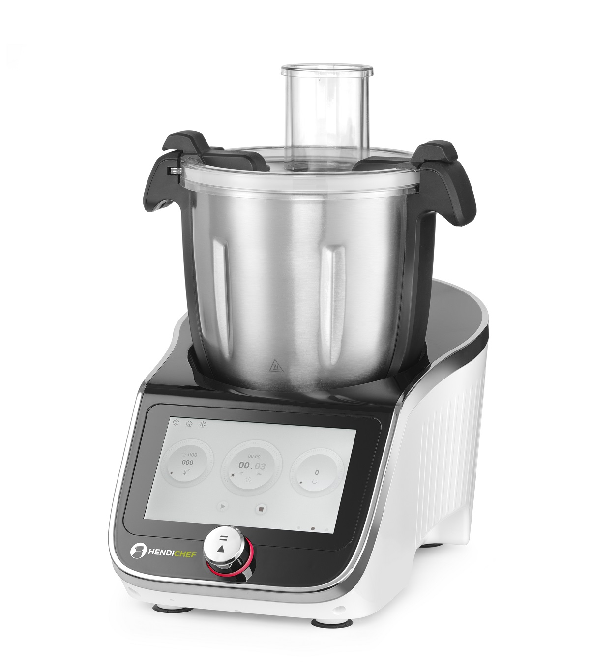 Ein Foodprocessor mit digitaler Oberfläche und Edelstahlschüssel.