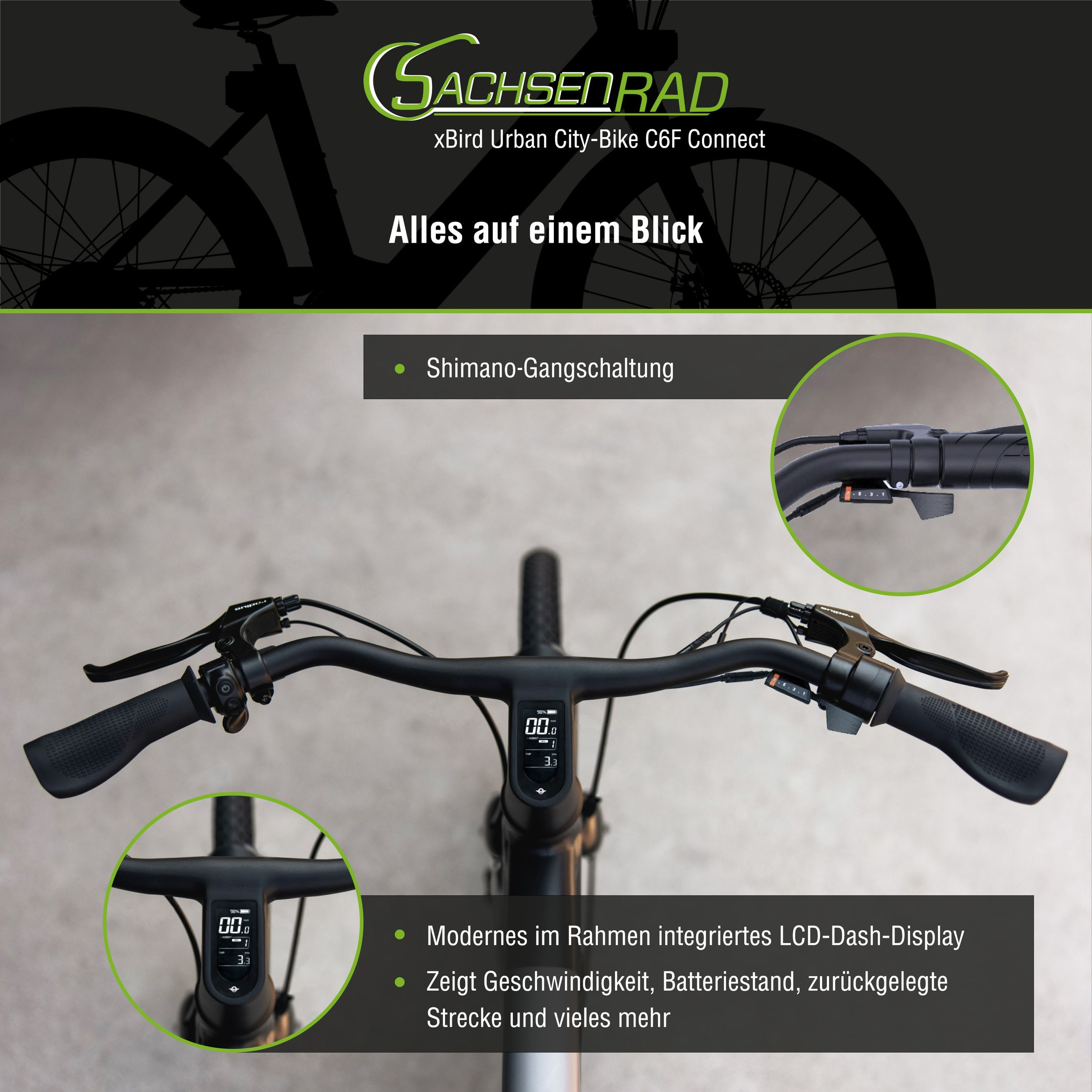 Ein modernes schwarzes Fahrrad mit Digitalanzeige und Lenkerbedienung, detailliert mit Textüberlagerungen gezeigt.
