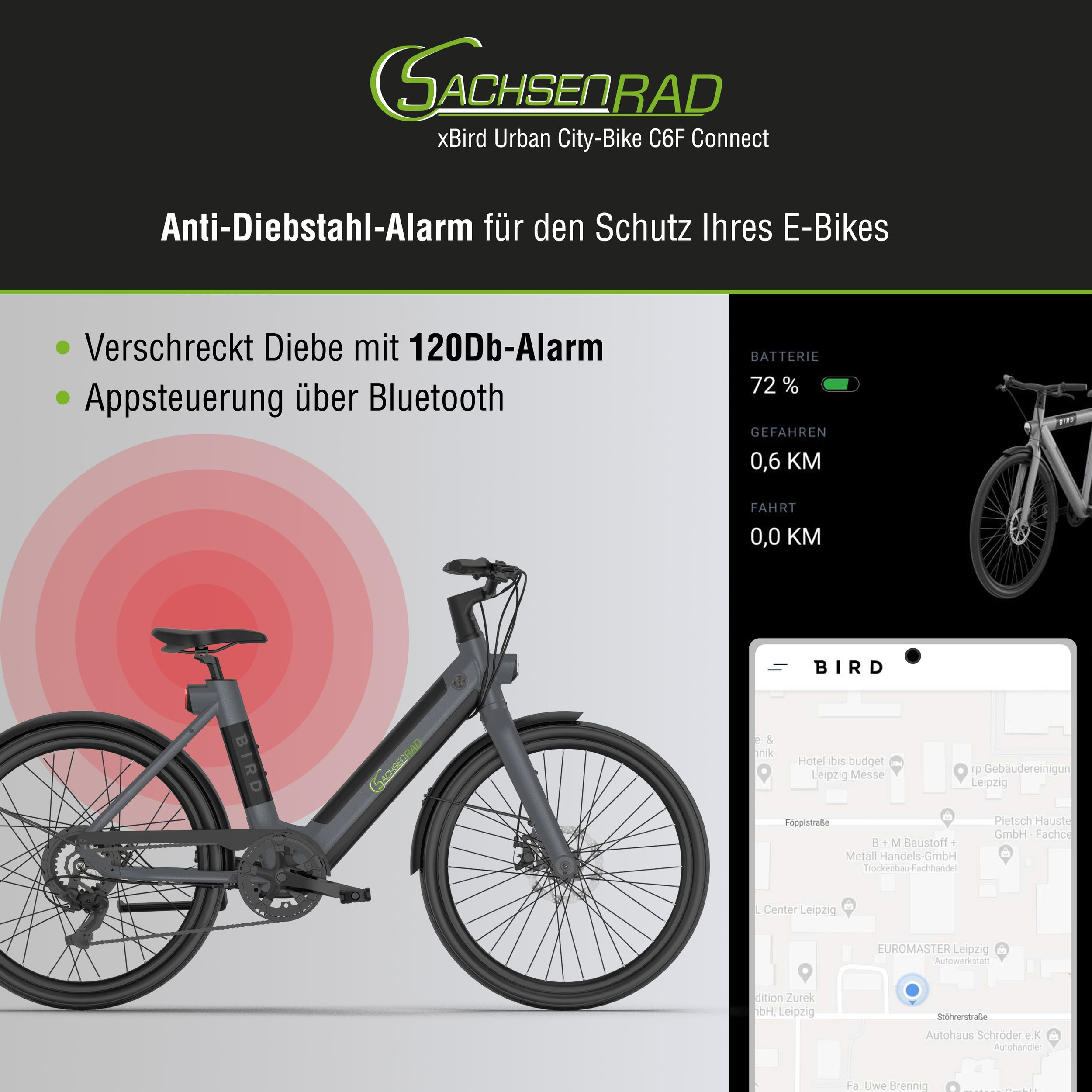 Ein E-Bike mit Diebstahlalarm, dargestellt auf einer Karte mit Akkustand und gefahrener Entfernung.