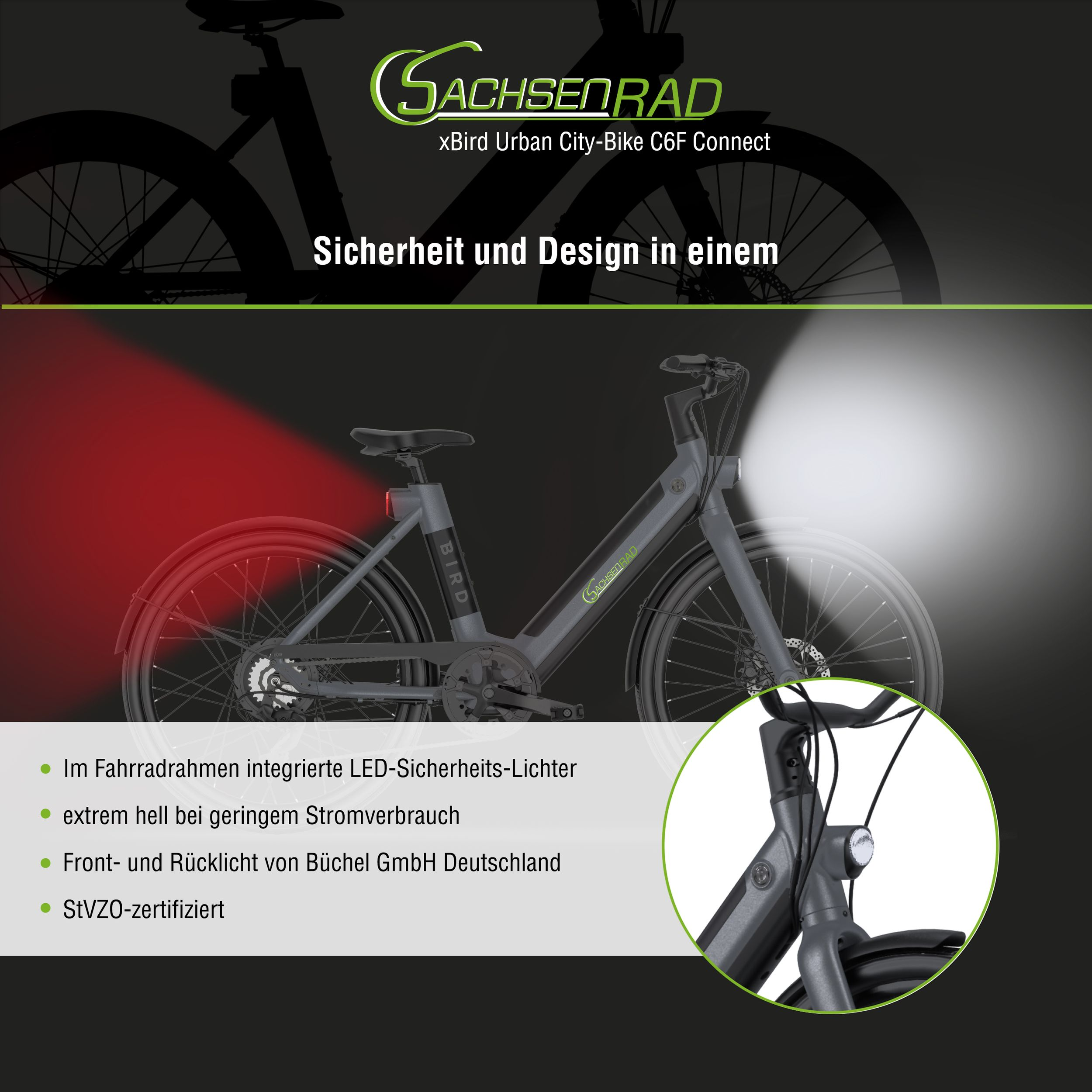 Ein graues Elektrofahrrad mit roten und weißen Lichtern auf dunklem Hintergrund.