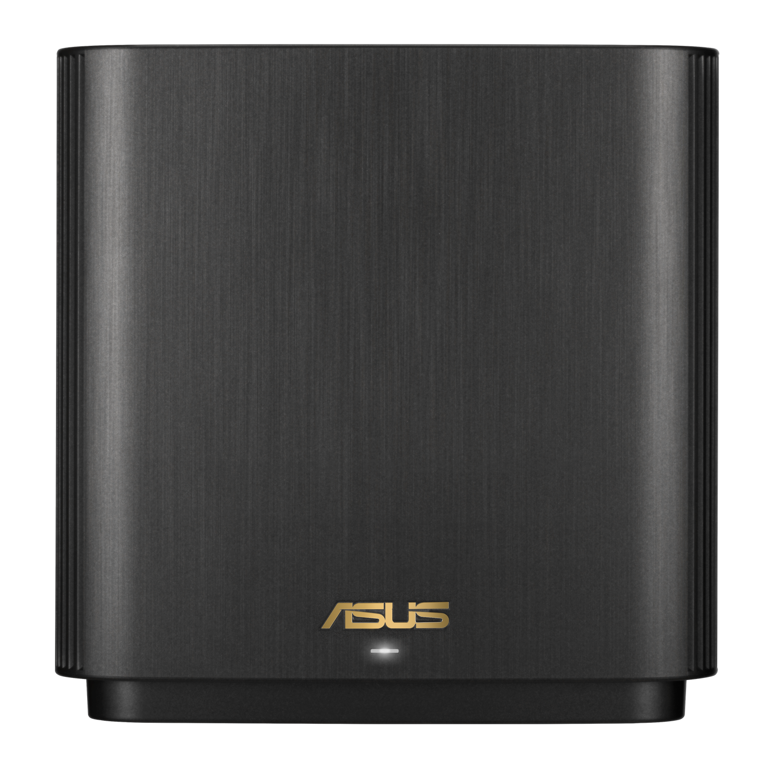 Router ASUS nero con logo oro. Design verticale, semplice.
