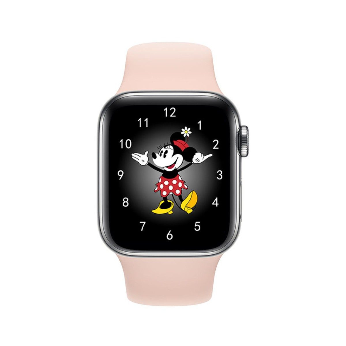 Rosafarbenes Armband, Smartwatch mit Minnie-Maus-Gesicht. Silbernes Gehäuse, schwarze Zeiger und Zahlen.