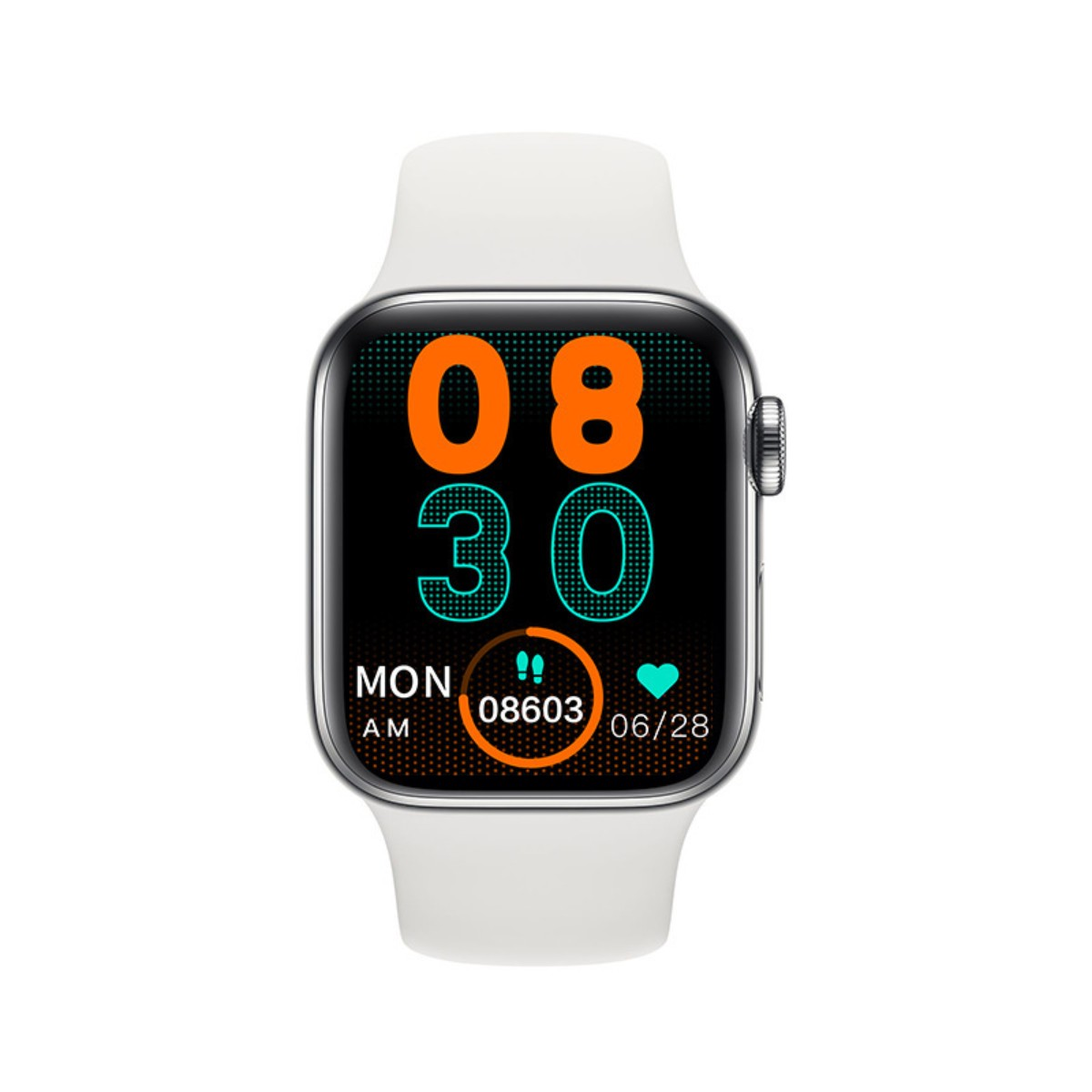 Eine weiße Smartwatch mit schwarzem Bildschirm, der Zeit, Datum und Gesundheitsdaten anzeigt. Sie hat ein weißes Armband.