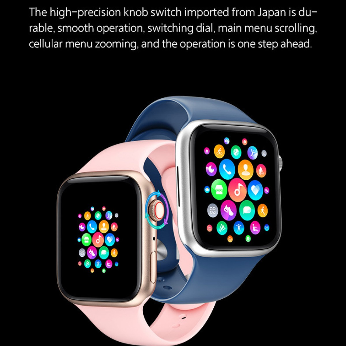 Zwei Smartwatches: eine goldfarbene und rosafarbene, die andere silberfarbene und blaue.