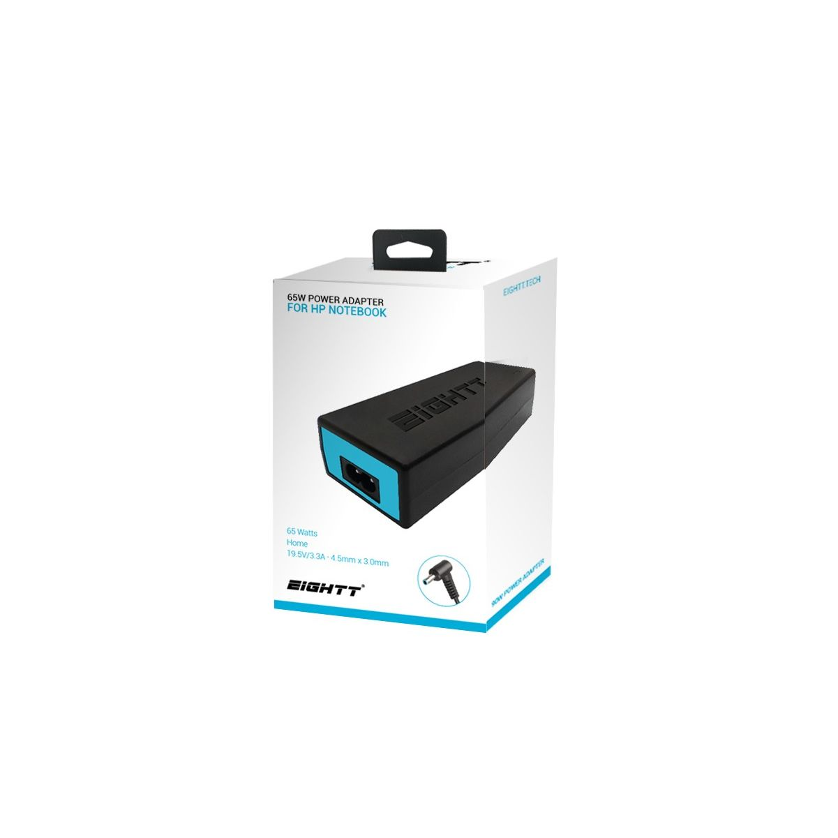Adaptador de corriente negro y azul en caja, para portátil HP.