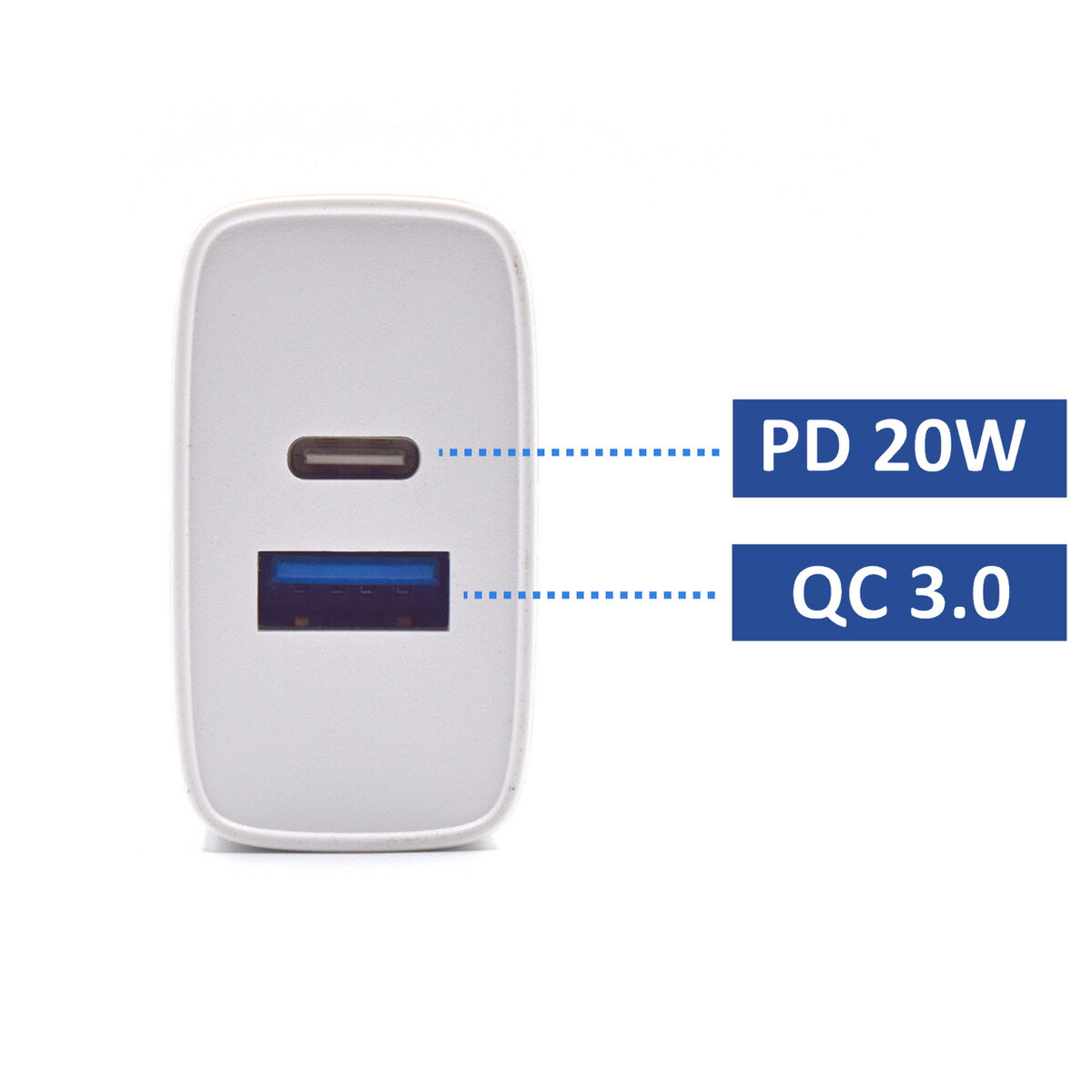 Caricatore bianco con due porte, una USB-C e una USB-A. Testo: PD 20W e QC 3.0.