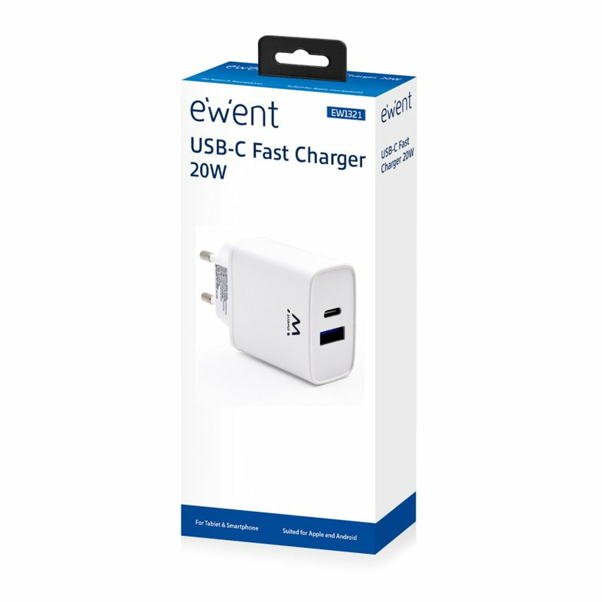 Caricatore USB-C 20W bianco in una scatola con il marchio ewent.