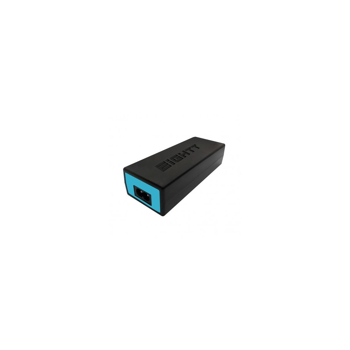 Adaptador de corriente negro con entrada de alimentación azul. La palabra 'EIGHTT' está en la parte superior.