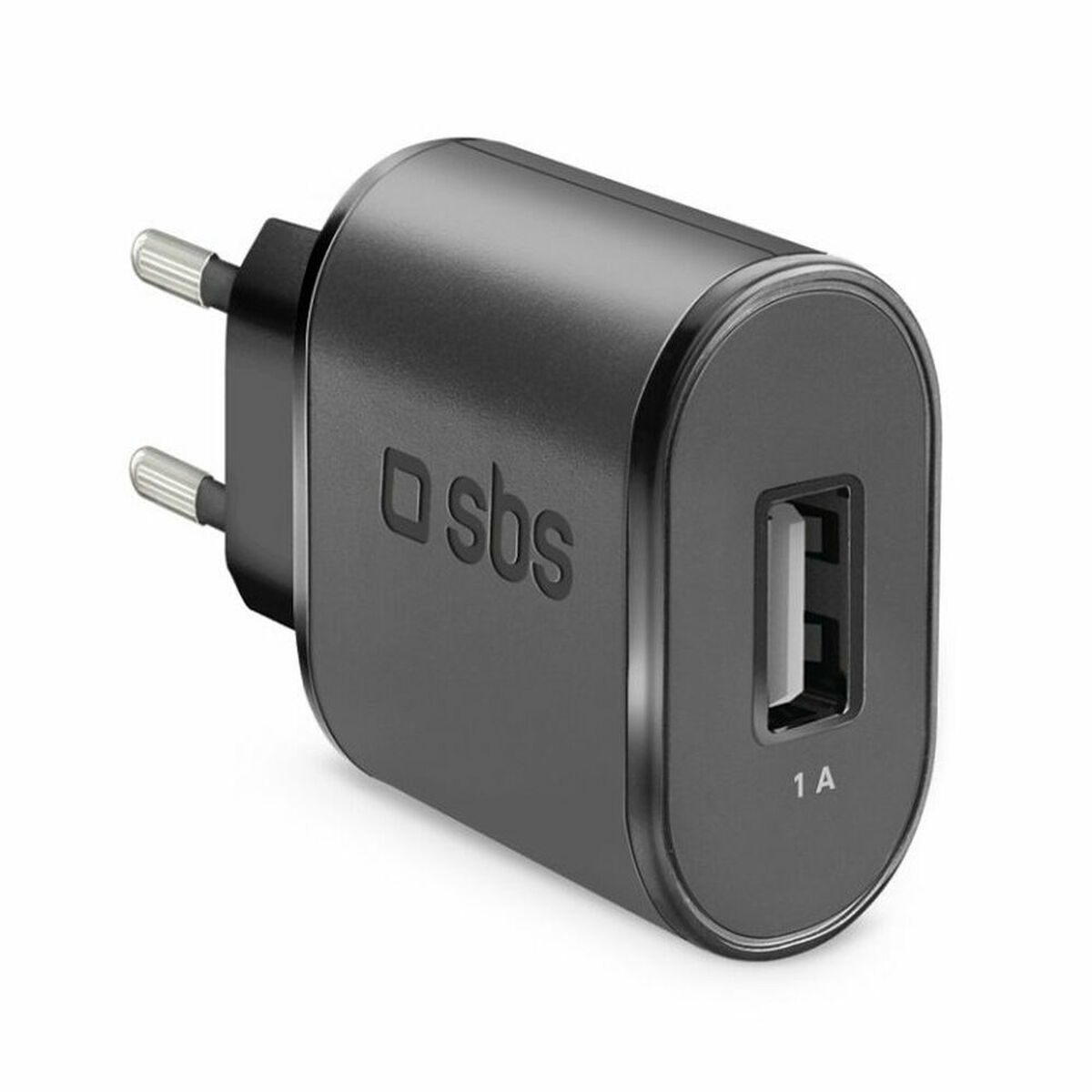 Un caricatore USB SBS nero con porta USB ed etichetta 1A. Ha due spine.
