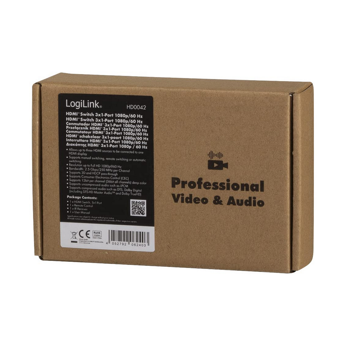 Caja de cartón con texto negro y un logotipo. Dice 'Professional Video & Audio' a la derecha.
