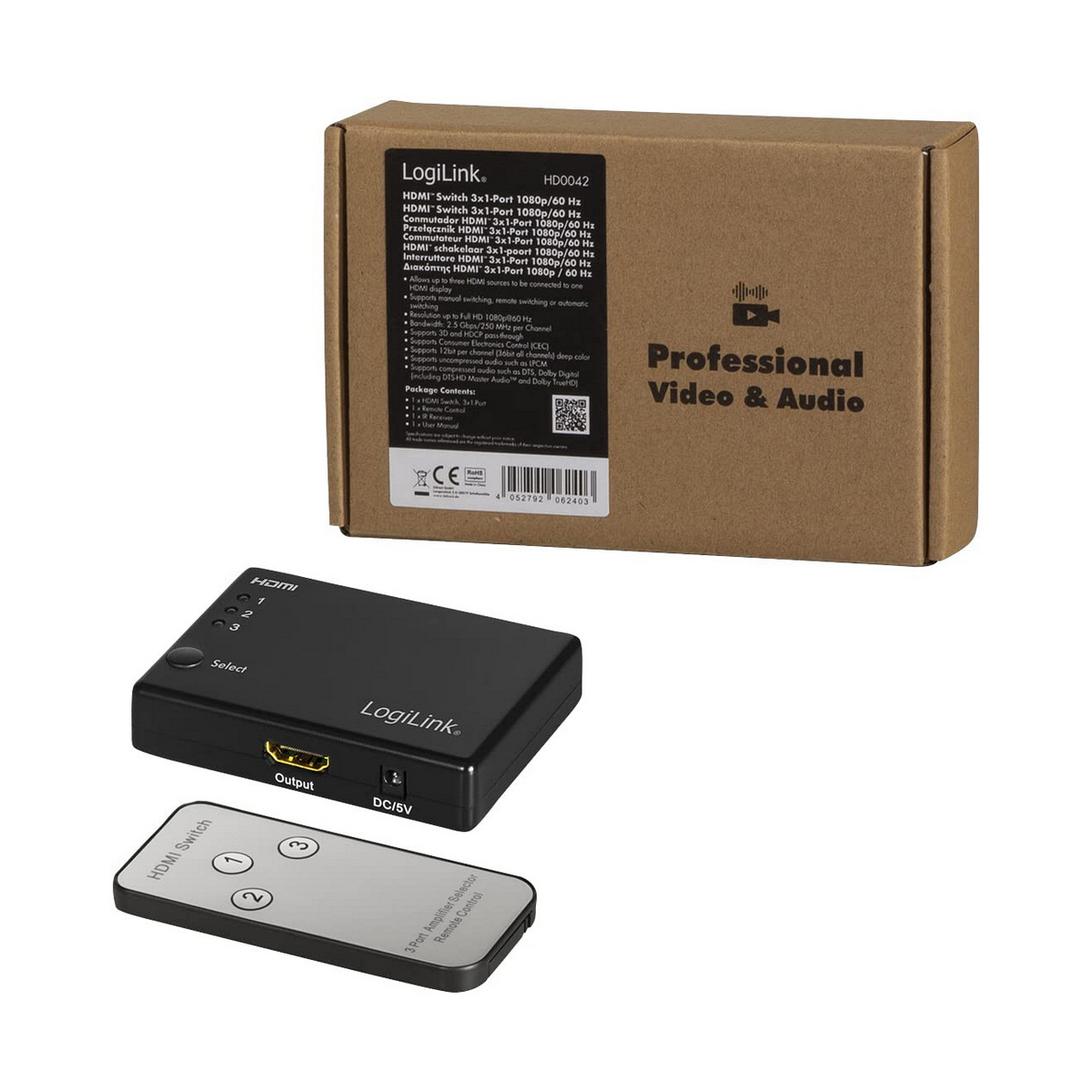 Conmutador HDMI LogiLink con mando a distancia y caja. Dispositivo negro con botones y texto.