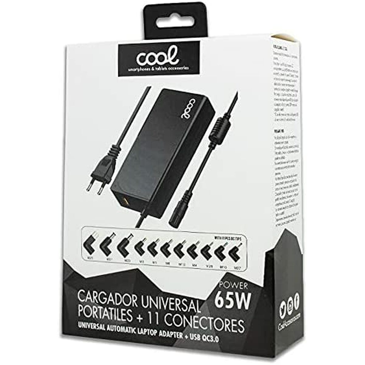 Un cargador universal para portátiles en una caja con múltiples puntas de conector. Cargador y cables negros.
