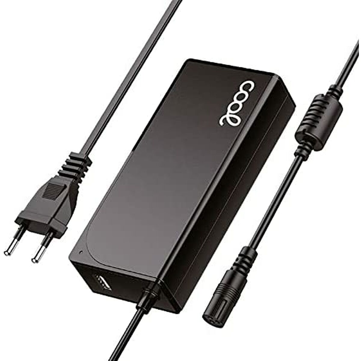 Adaptador de corriente negro con cables y enchufe.