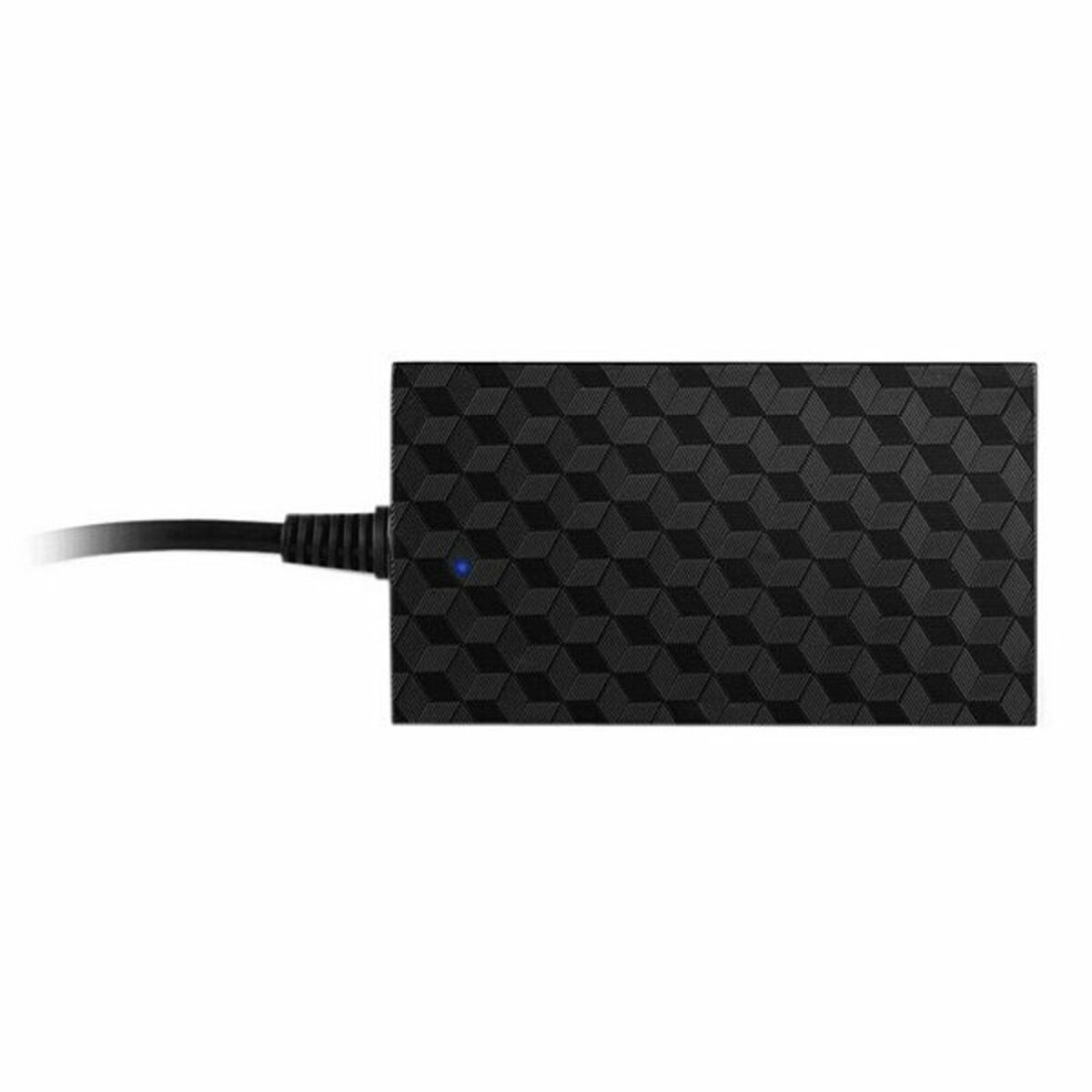 Cargador negro con un patrón geométrico. Tiene un LED azul y un cable adjunto.