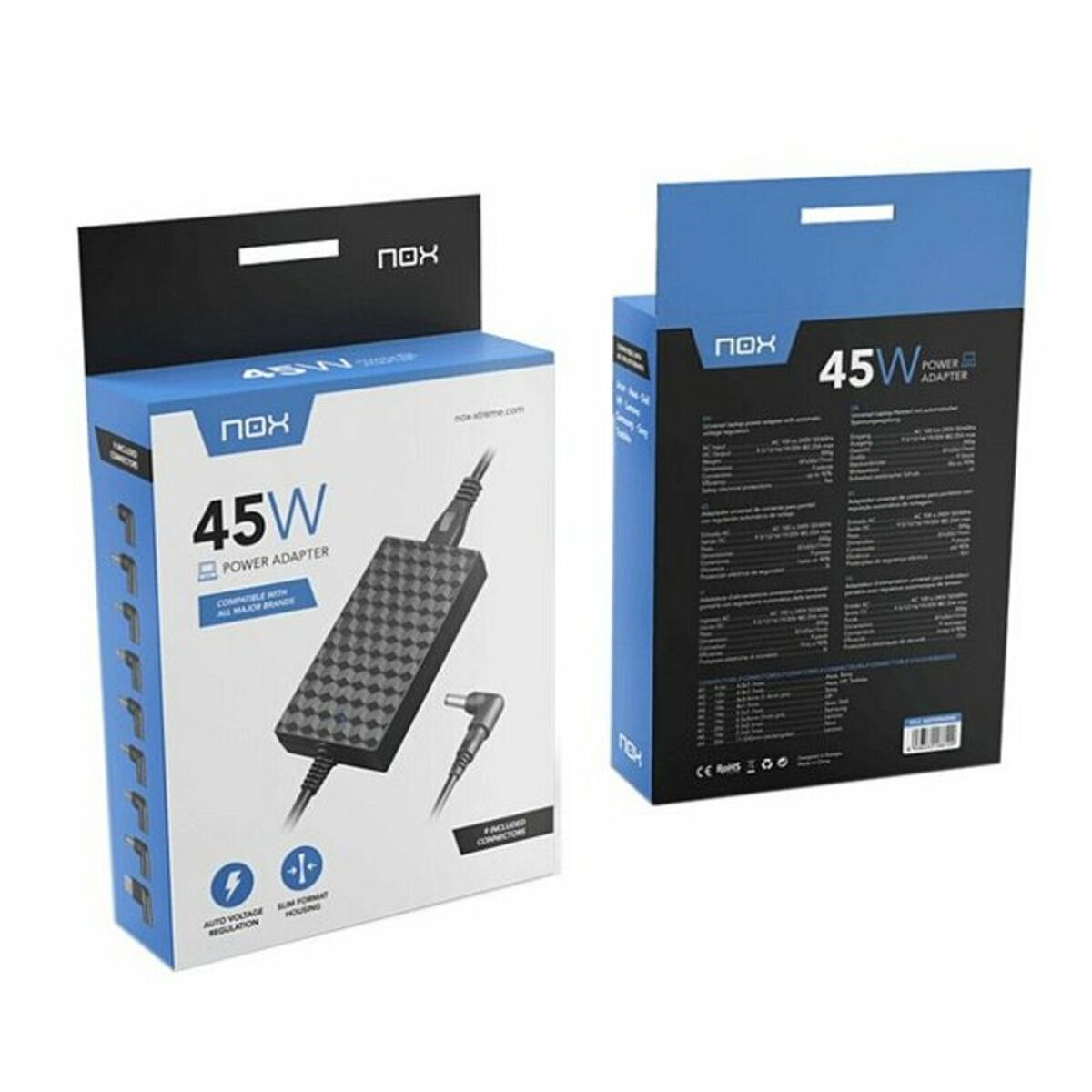Dos cajas, una con un adaptador de corriente de 45W, negro y azul. La otra caja tiene el mismo diseño.