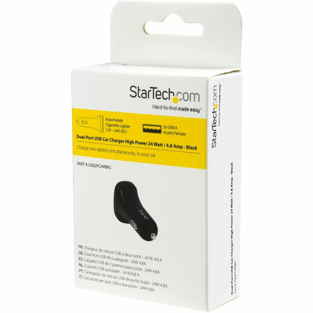 Una caja blanca con 'StarTech.com' impreso. Contiene un cargador de coche negro.
