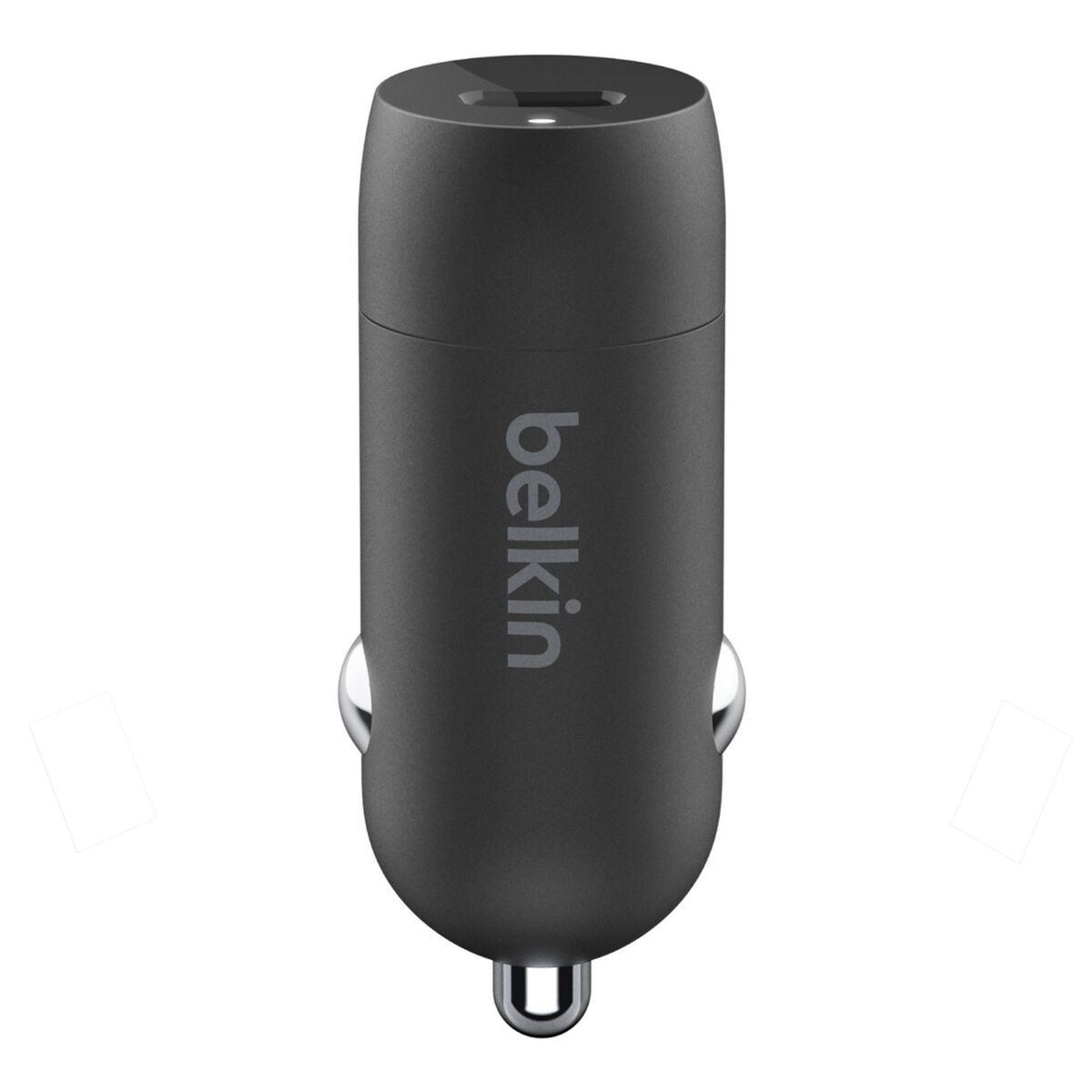 Caricabatteria per auto nero con una porta USB e il logo Belkin. Sfondo bianco.