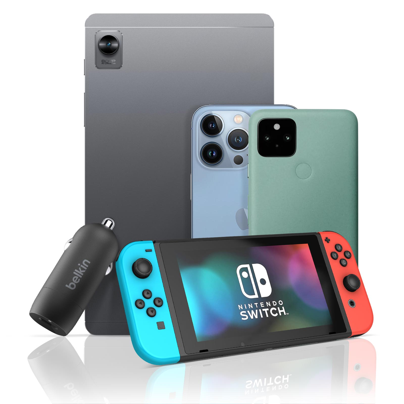 Una collezione di dispositivi elettronici: tablet, telefono, caricatore e una console Nintendo Switch.