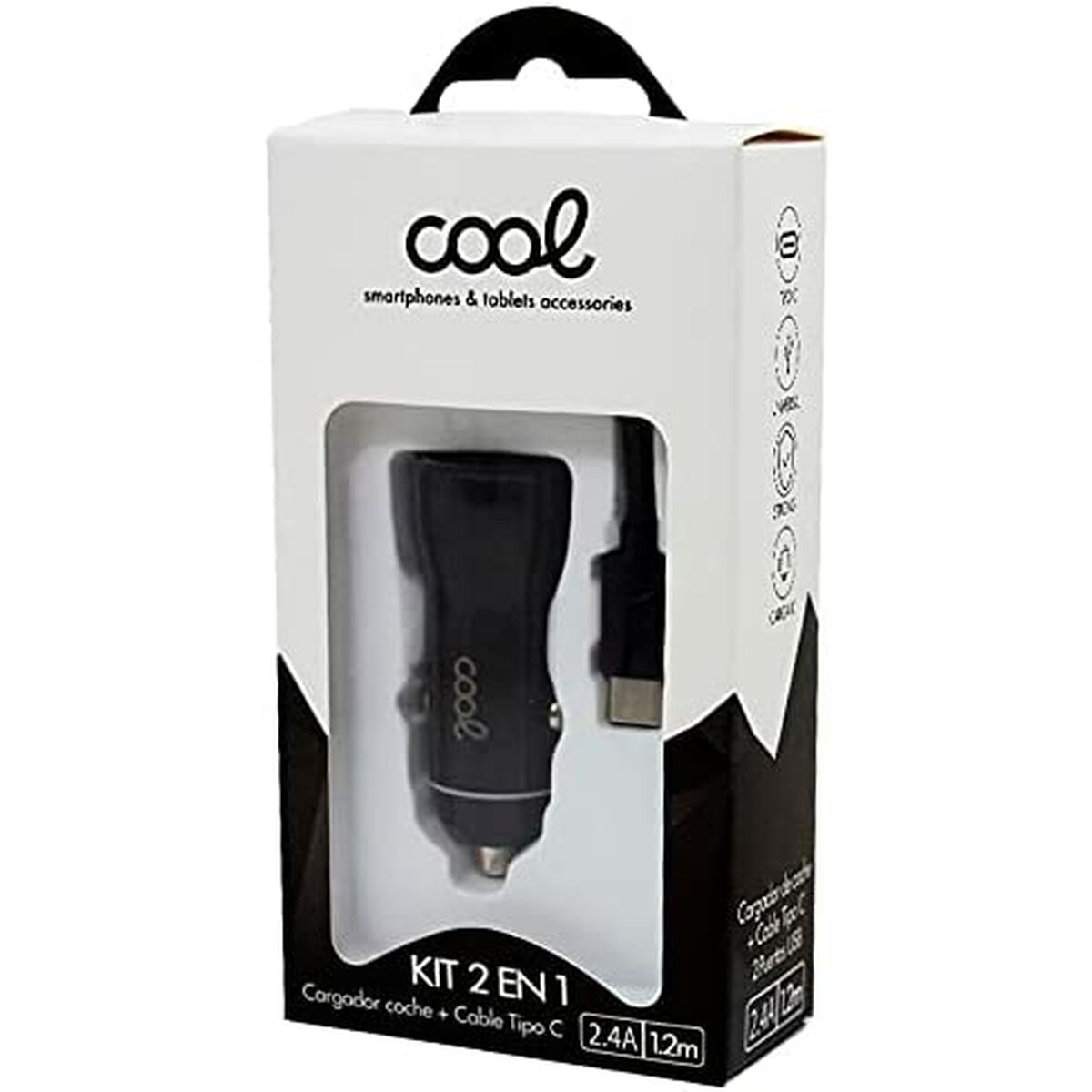 Un cargador de coche negro en una caja. La caja tiene el logo 'cool' y detalles del producto.