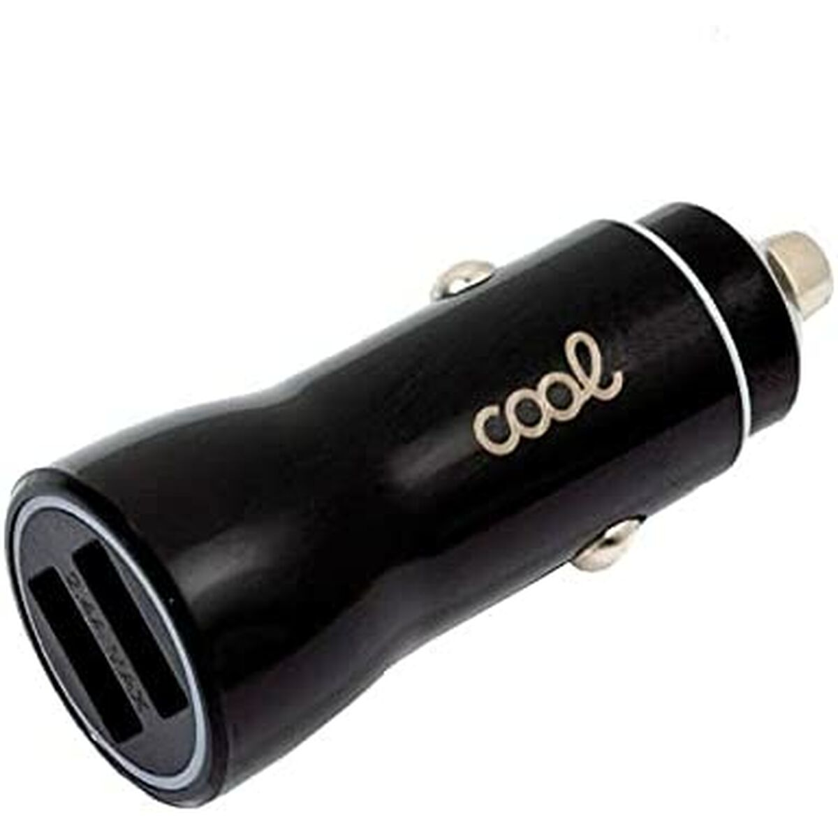 Un cargador de coche negro con 'cool' escrito, con dos puertos USB.