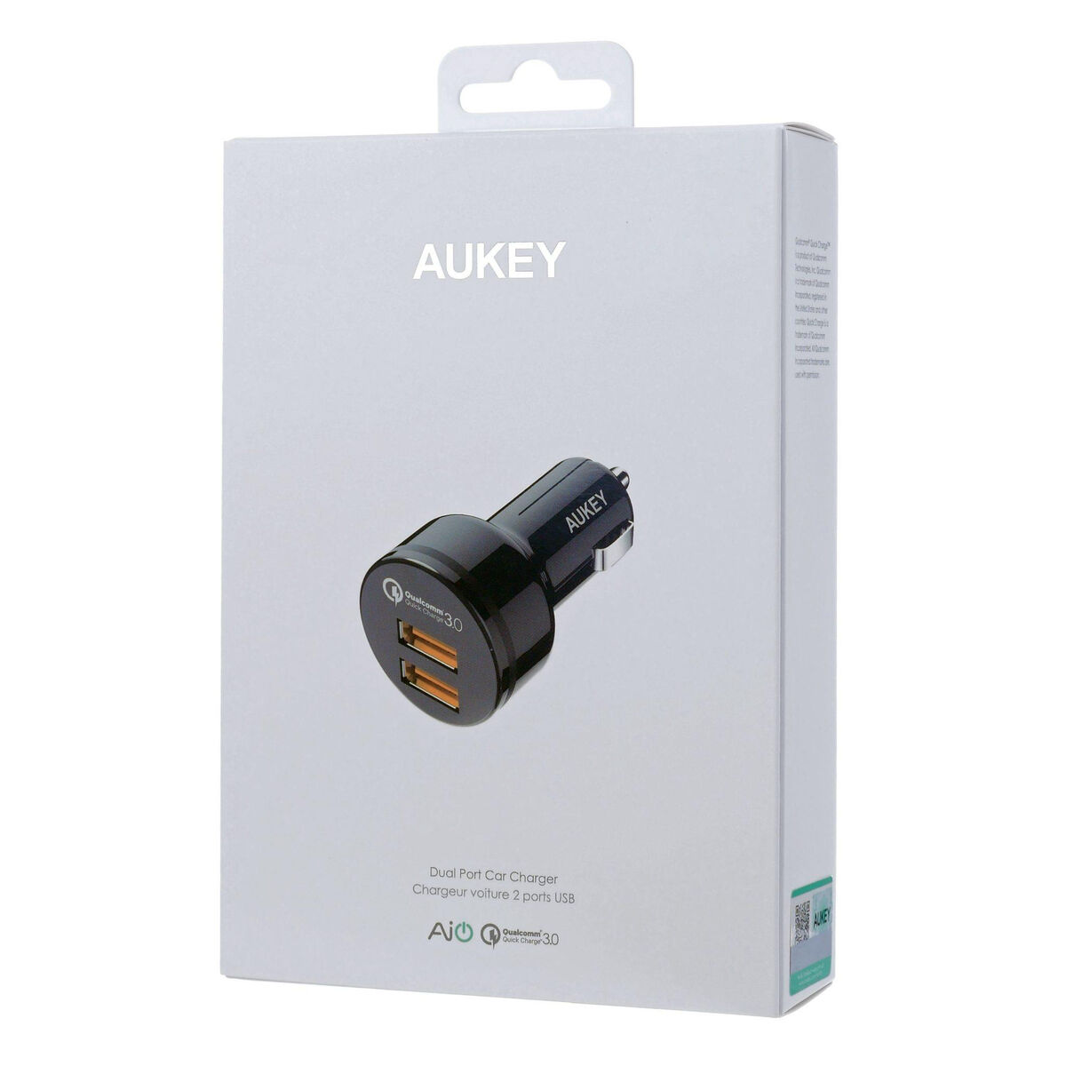 Weiße Box mit schwarzem Autoladegerät. 'AUKEY' und 'Qualcomm' Logos sichtbar.