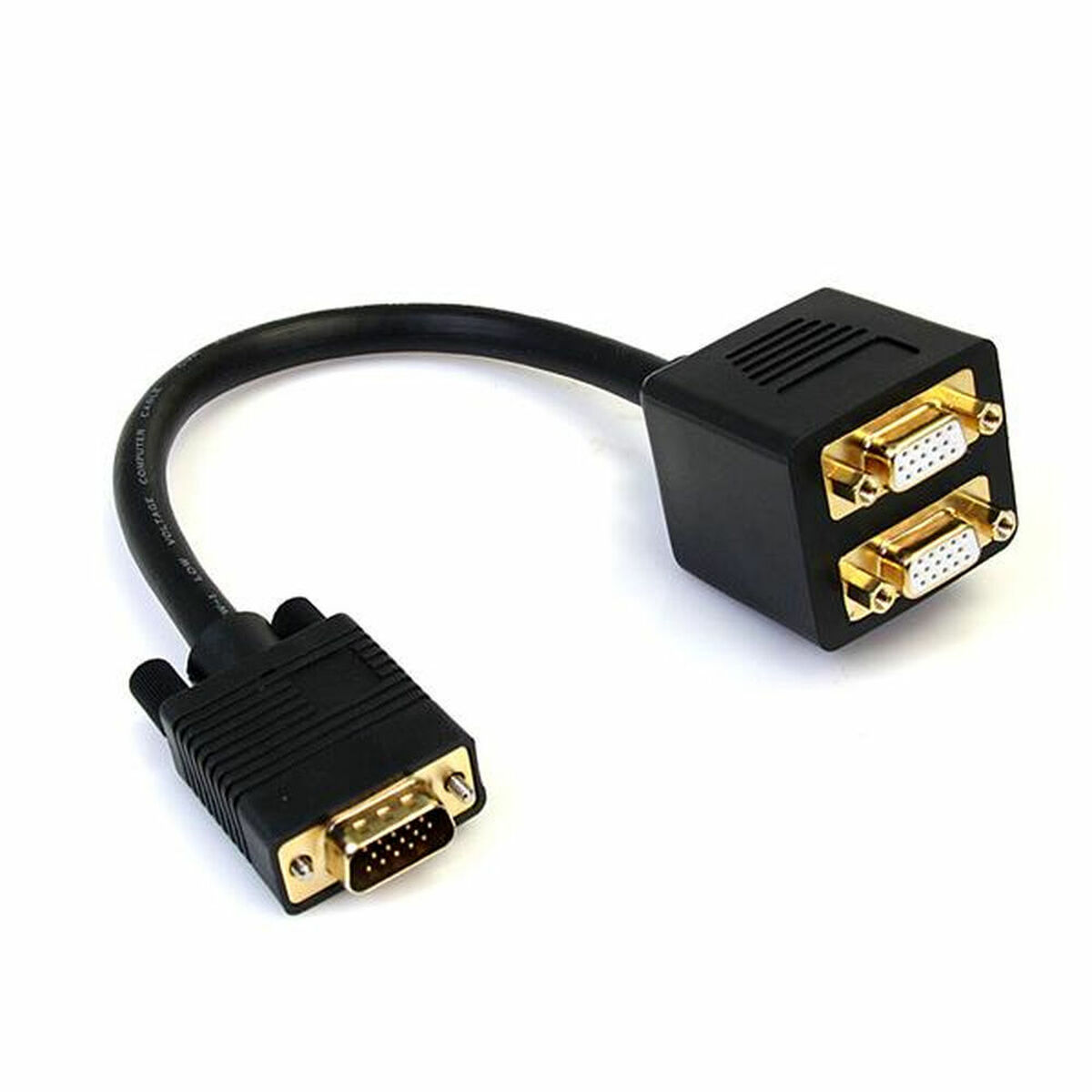 Un cable divisor VGA negro. Un extremo tiene un conector VGA, el otro una salida VGA doble.