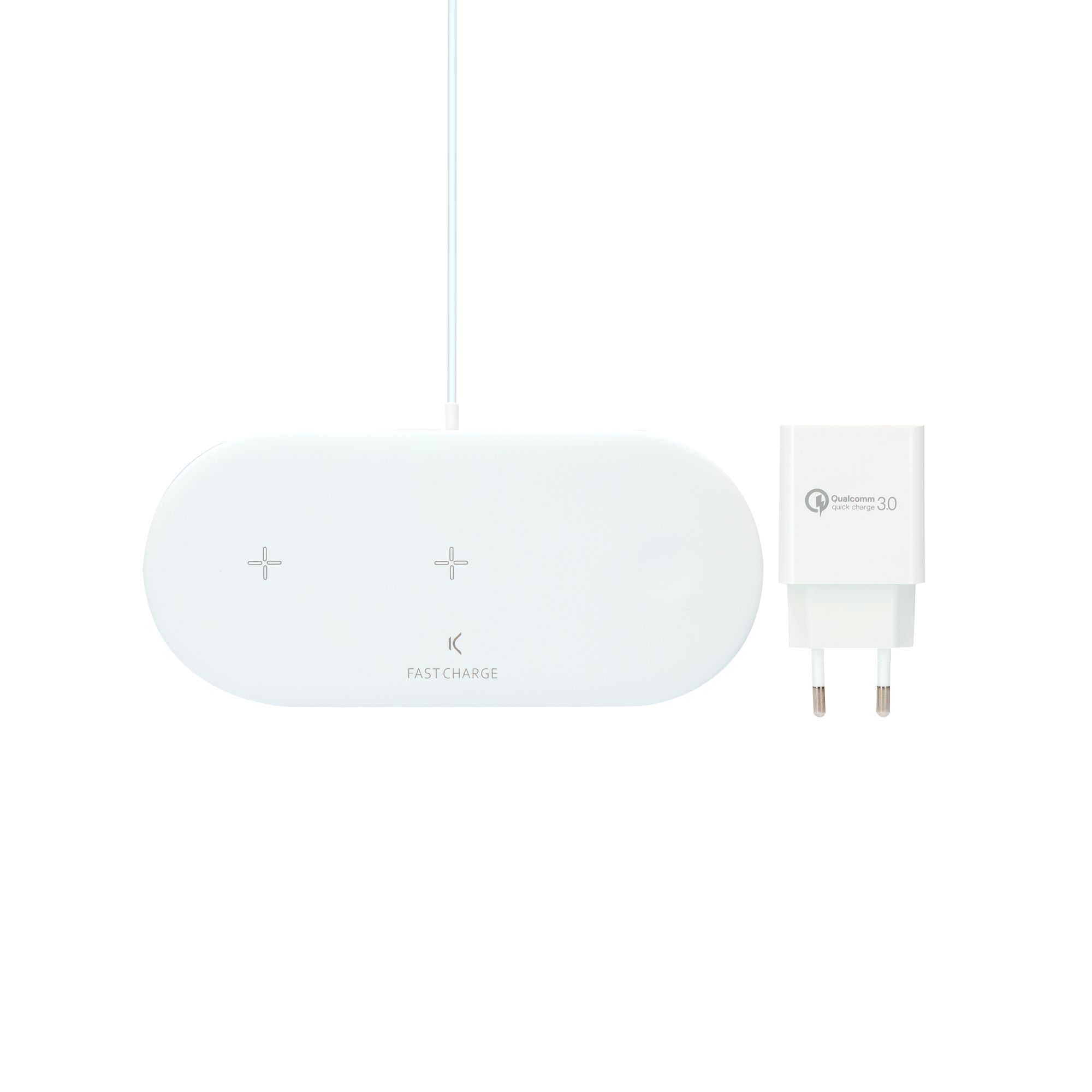 Cargador inalámbrico blanco con un adaptador de corriente blanco. Dice 'Fast Charge'.
