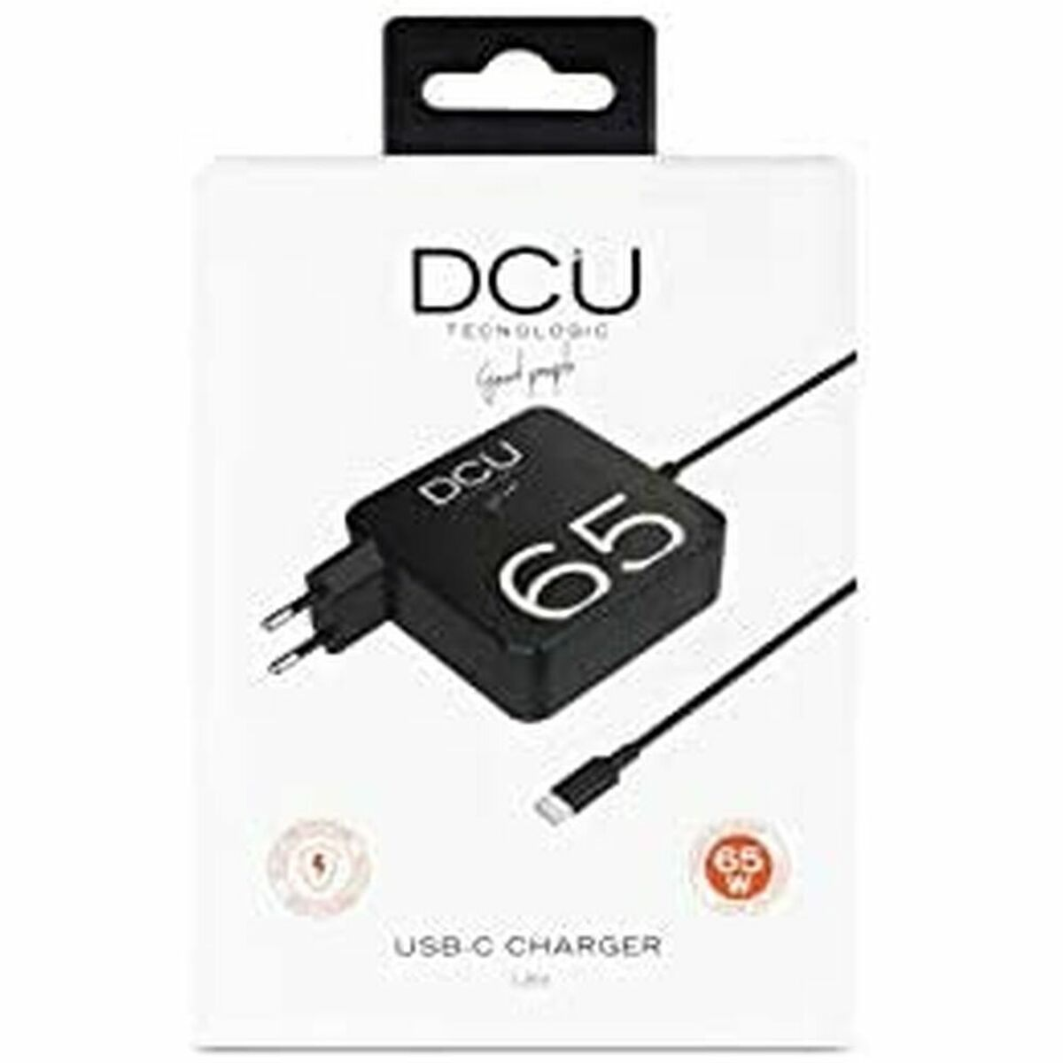 Un cargador negro en una caja blanca con 'DCU' y '65' impresos. Es un cargador USB-C.