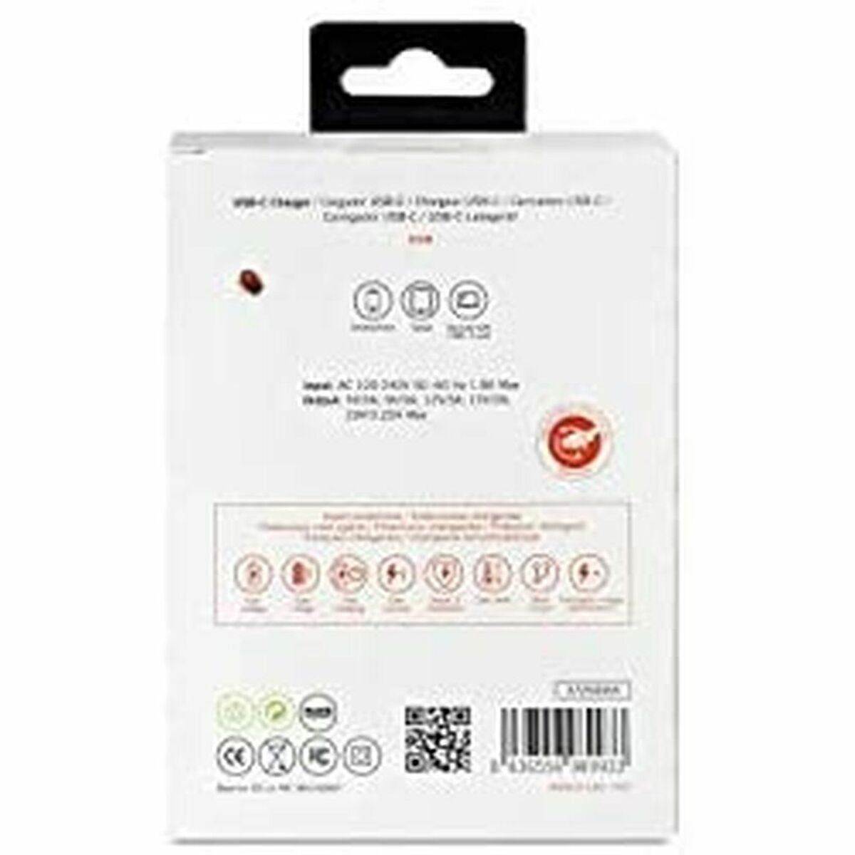 Una caja de producto blanca con texto y diagramas, que detalla las especificaciones y características del producto.