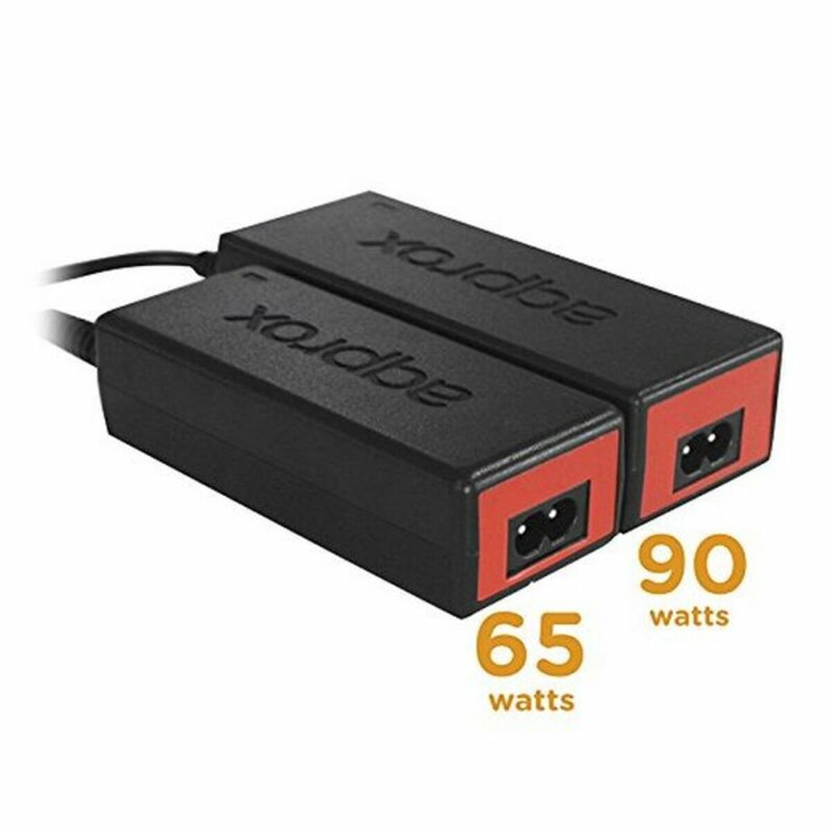 Dos adaptadores de corriente Aprox negros. Uno de 65 vatios, el otro de 90 vatios, con detalles rojos.