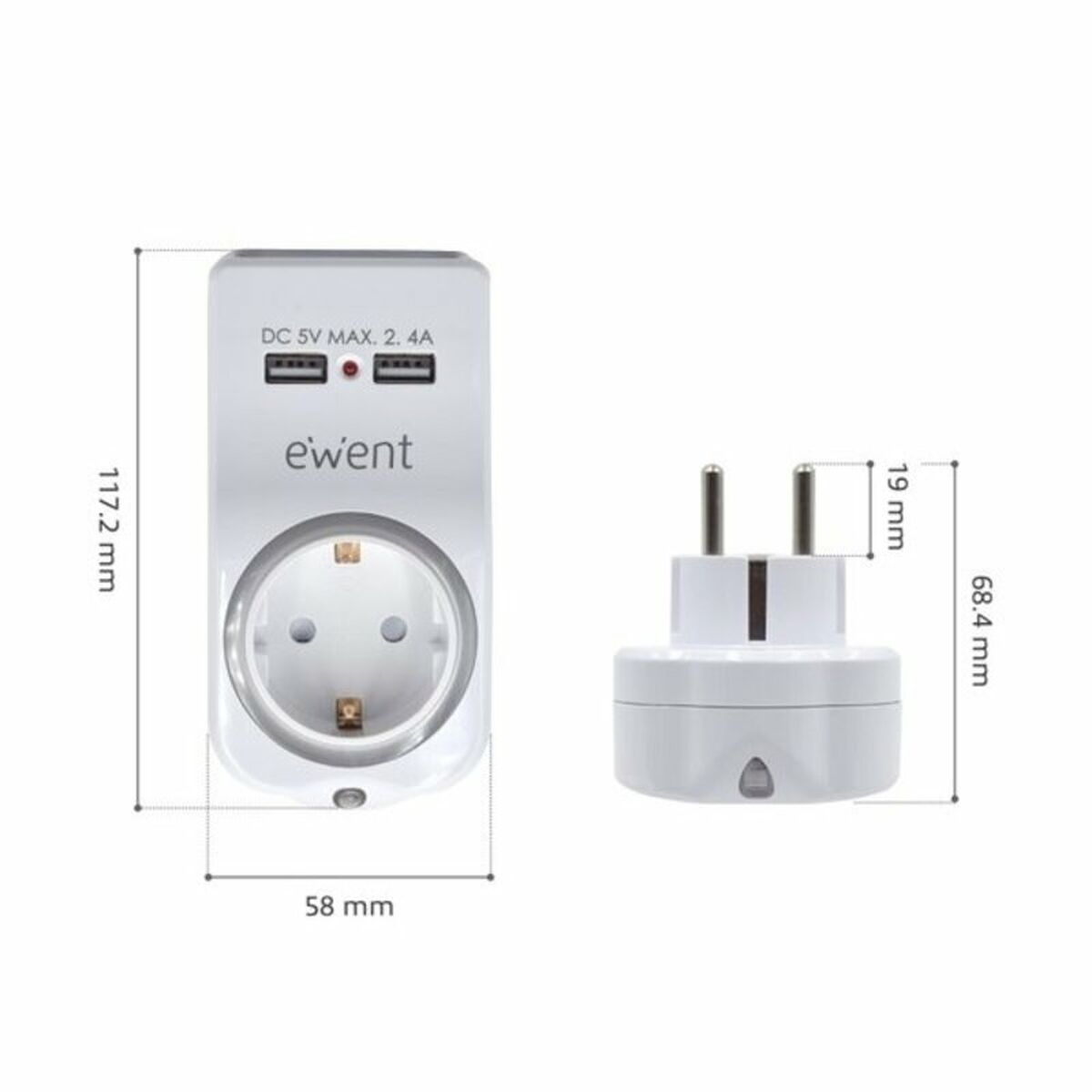 Adaptador de corriente EWENT blanco con enchufe de la UE. Se muestran dimensiones y puertos USB.