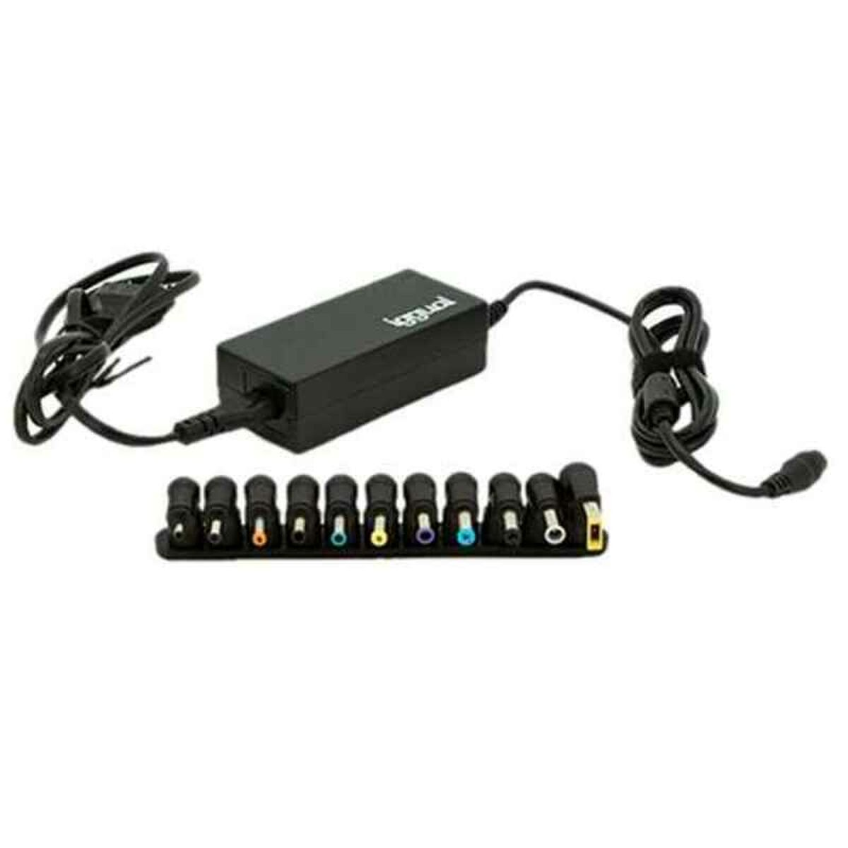Adaptador de corriente negro con múltiples puntas y cable, sobre blanco.