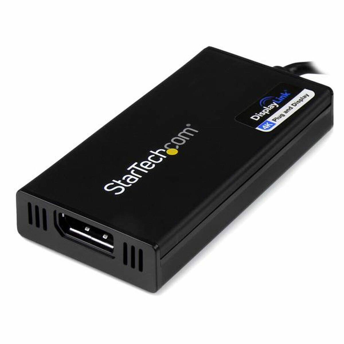Adaptador negro StarTech. Tiene un puerto HDMI y una etiqueta DisplayLink en la parte superior.
