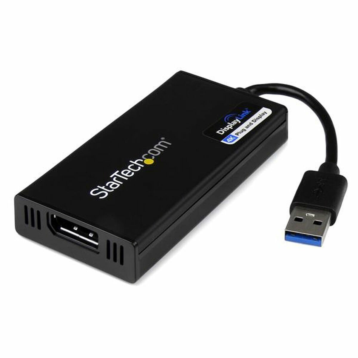 Adaptador negro con cable USB. El adaptador tiene etiquetas StarTech.com y DisplayLink.