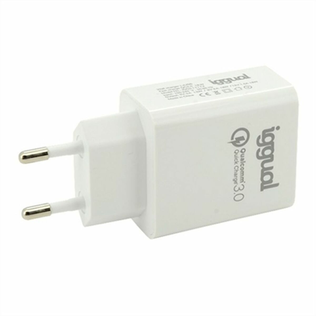 Cargador blanco Iggual con clavijas plegables y logotipo Qualcomm Quick Charge 3.0.