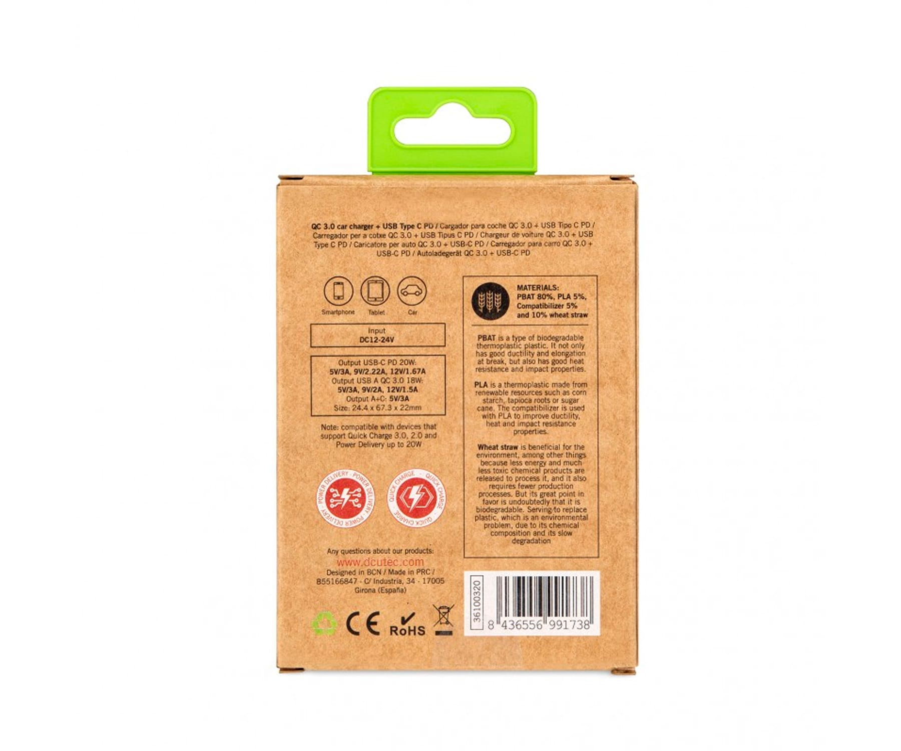 Caja de cartón con asa verde. Detalles: PLA, paja de trigo, biodegradable.