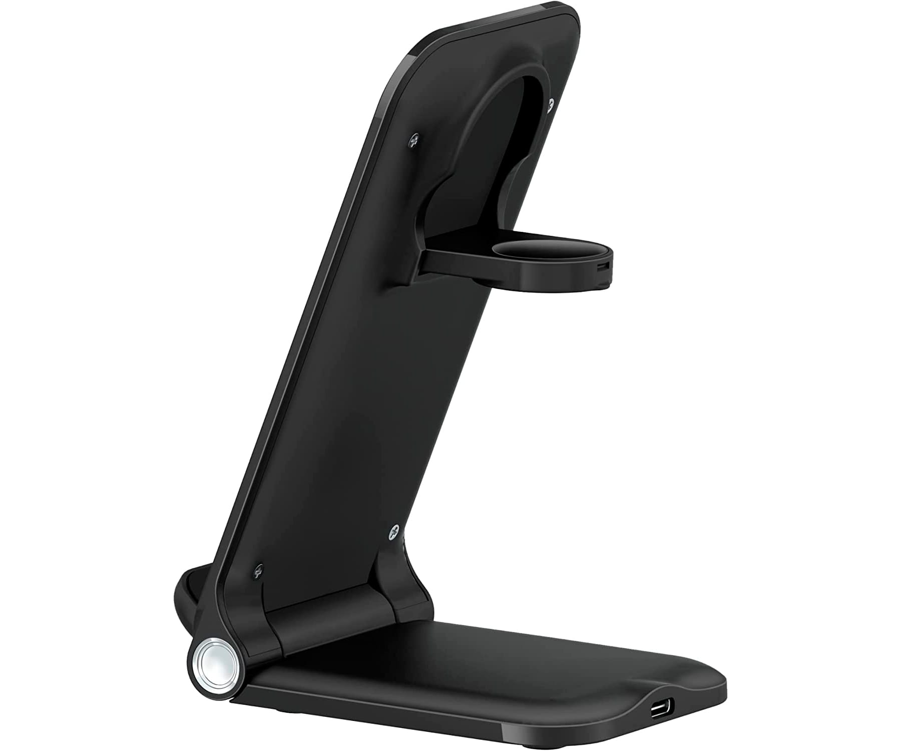 Soporte de carga de teléfono negro con diseño curvo y soporte circular para teléfono.