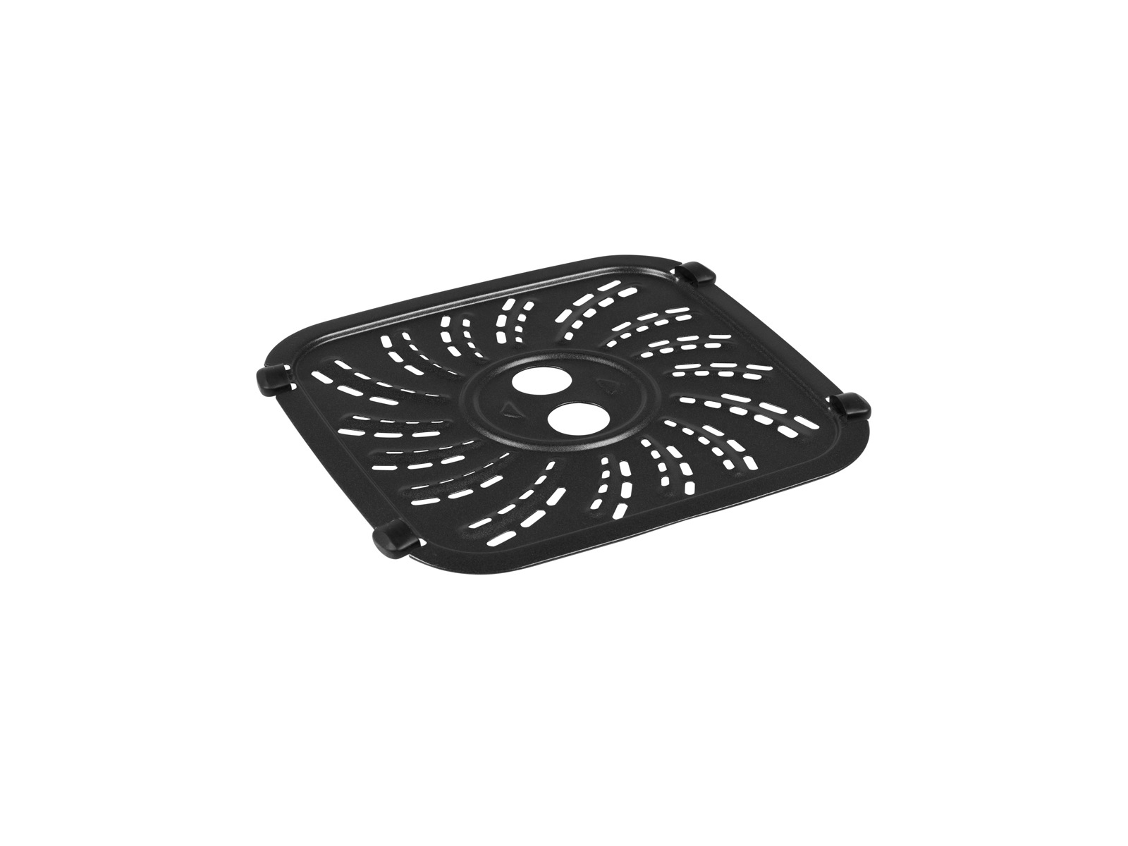 Czarna taca do frytkownicy beztłuszczowej z otworami. Jest kwadratowa z zaokrąglonymi rogami i małymi wypustkami.